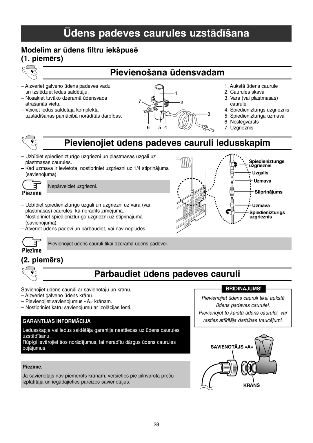 Samsung RS21FCSW1/XEK manual Ìdens padeves caurules uzstÇd¥‰ana, Pievieno‰ana densvadam, PÇrbaudiet dens padeves cauruli 