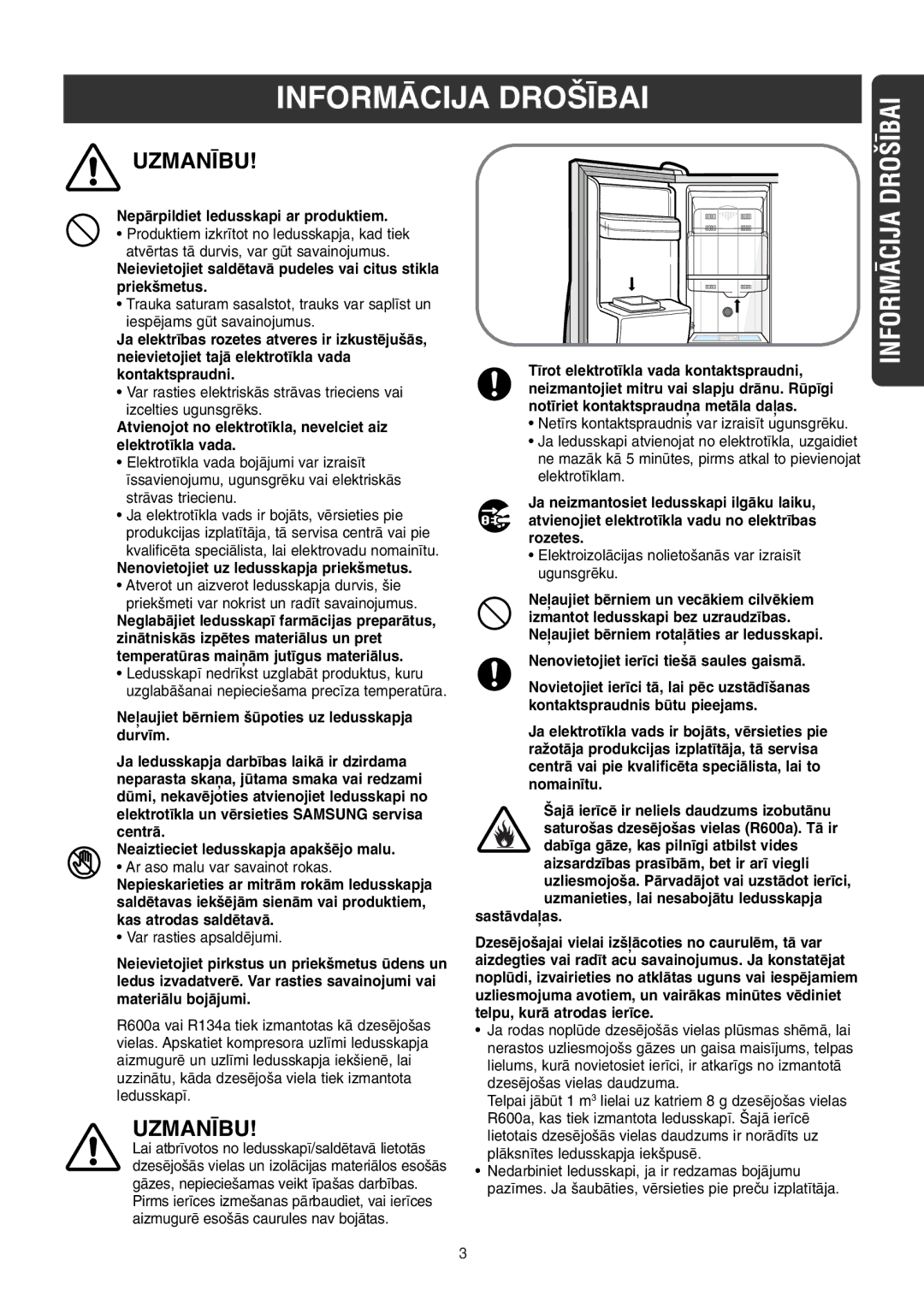 Samsung RS21FLMR1/XEK NepÇrpildiet ledusskapi ar produktiem, Atvienojot no elektrot¥kla, nevelciet aiz elektrot¥kla vada 