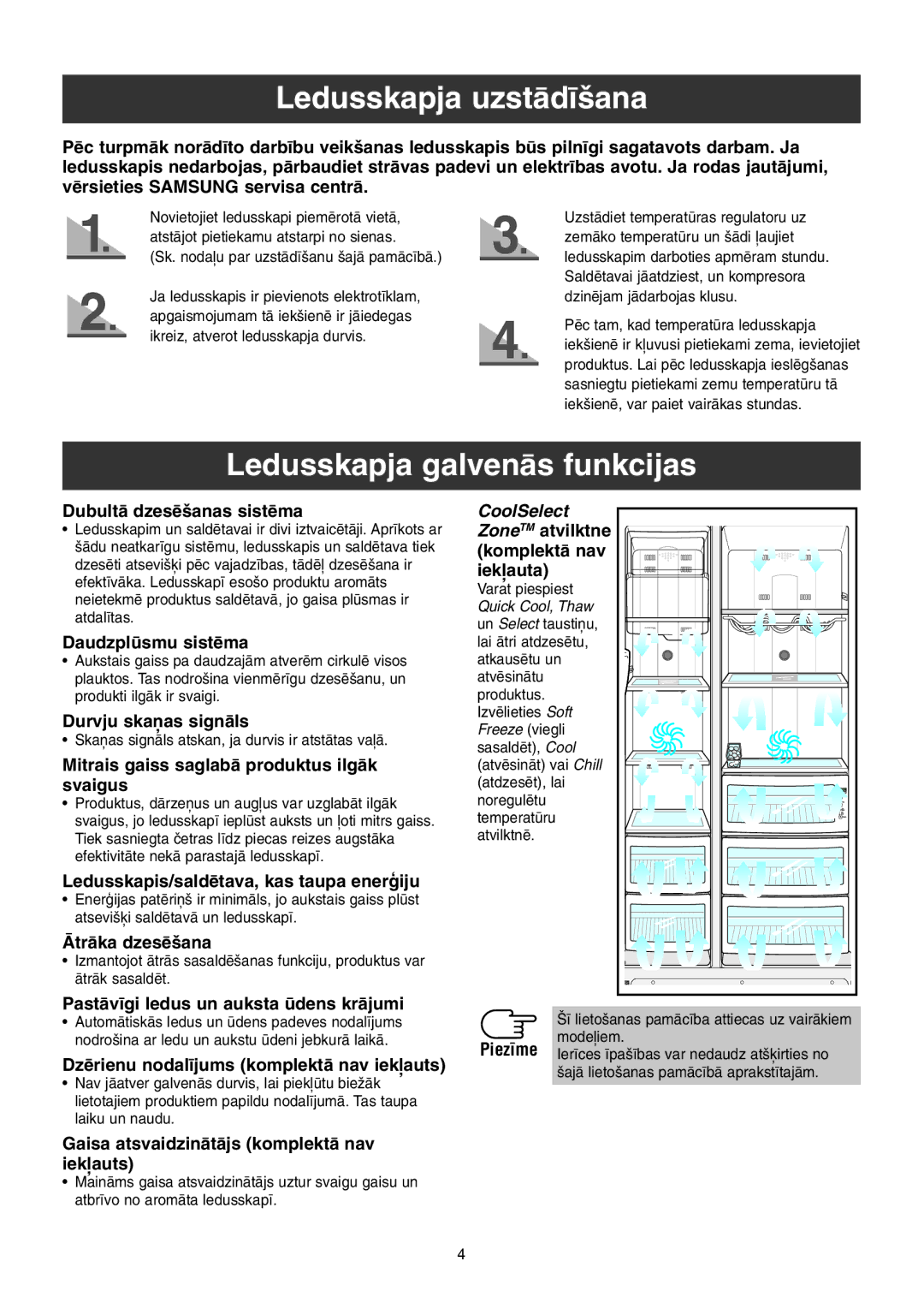 Samsung RS21KLMR2/XEK, RS21FGRS1/XEK, RS21FLBG1/XEK, RS21FLAL1/XEK Ledusskapja uzstÇd¥‰ana, Ledusskapja galvenÇs funkcijas 