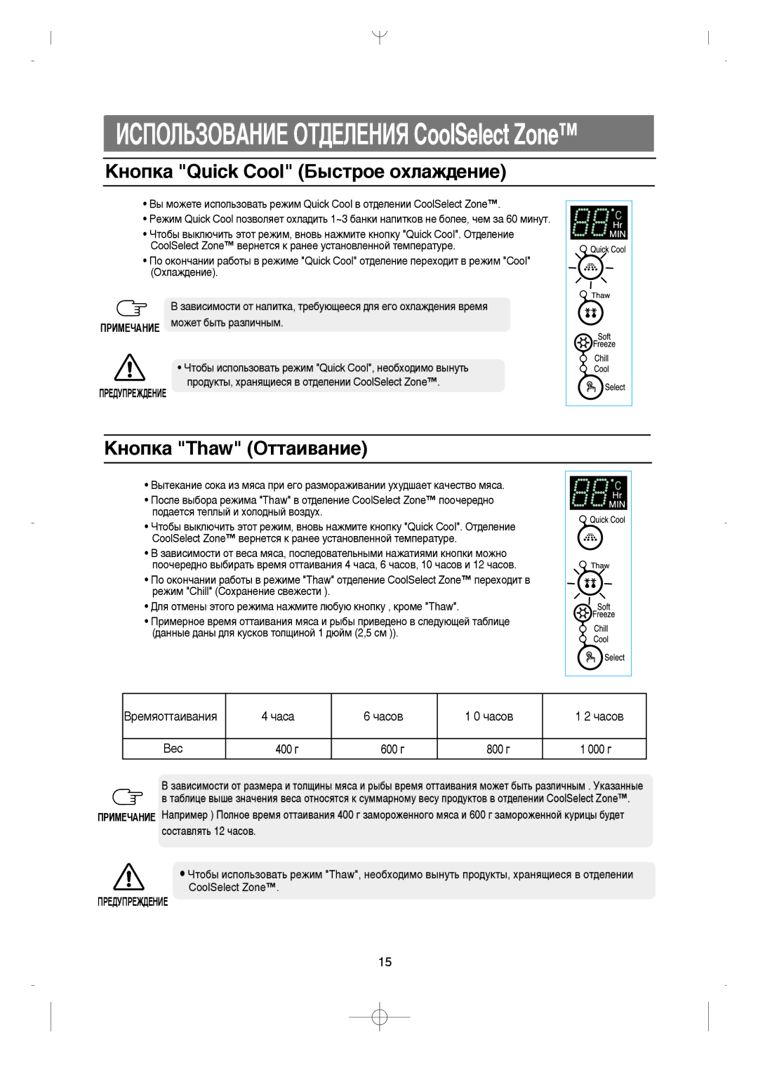 Samsung RS21DLAL1/XEK, RS21FGRS1/XEK manual ÄÌÓÔÍ‡ Quick Cool Å˚ÒÚÓÂ ÓıÎ‡Ê‰ÂÌËÂ, ÄÌÓÔÍ‡ Thaw éÚÚ‡Ë‚‡ÌËÂ, ÈêÖÑìèêÖÜÑÖçàÖ 