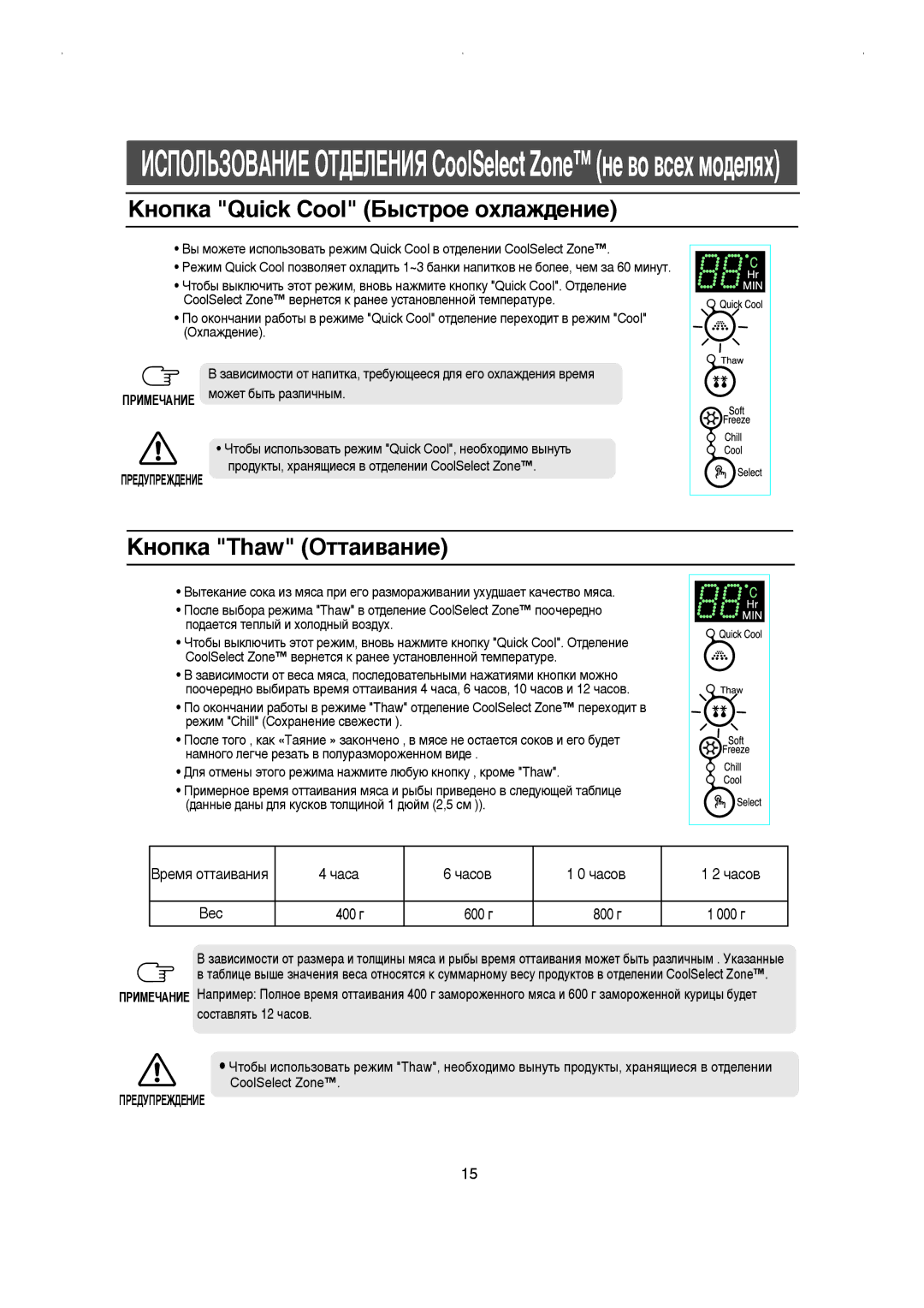 Samsung RS21NLSG1/XEK, RS21FGRS1/XEK manual ÄÌÓÔÍ‡ Quick Cool Å˚ÒÚÓÂ ÓıÎ‡Ê‰ÂÌËÂ, ÄÌÓÔÍ‡ Thaw éÚÚ‡Ë‚‡ÌËÂ, ÈêÖÑìèêÖÜÑÖçàÖ 