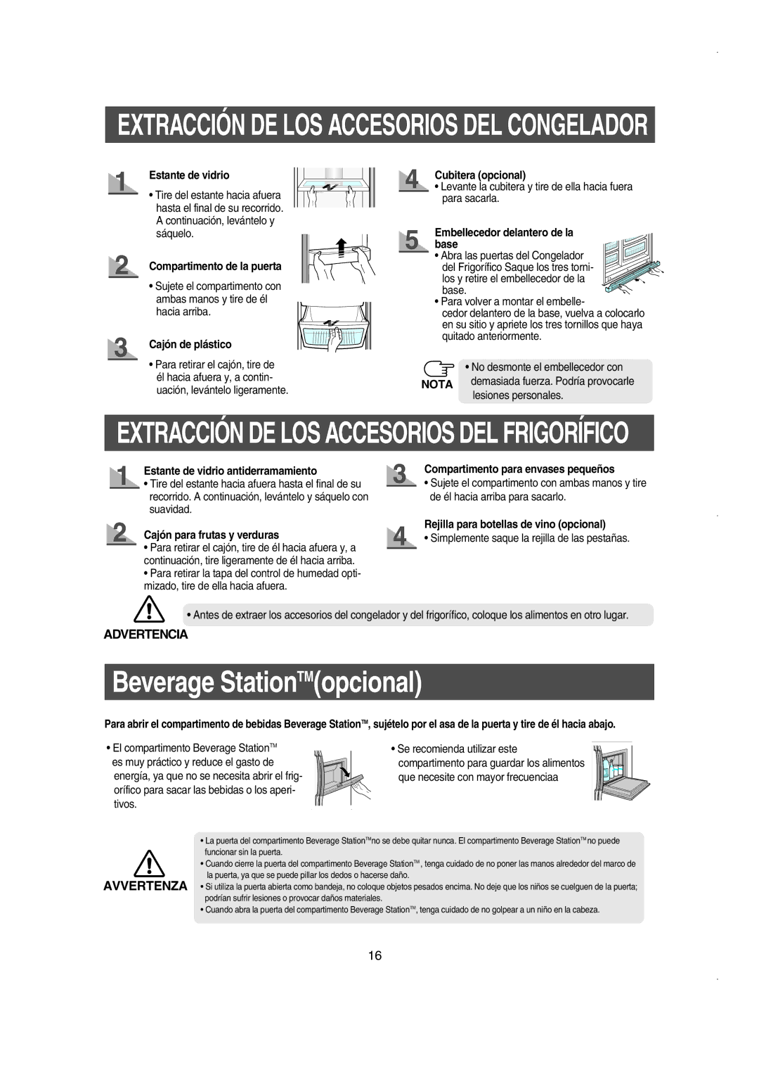 Samsung RS21FJSM1/XES manual Estante de vidrio, Cajón de plástico, Cubitera opcional, Embellecedor delantero de la base 