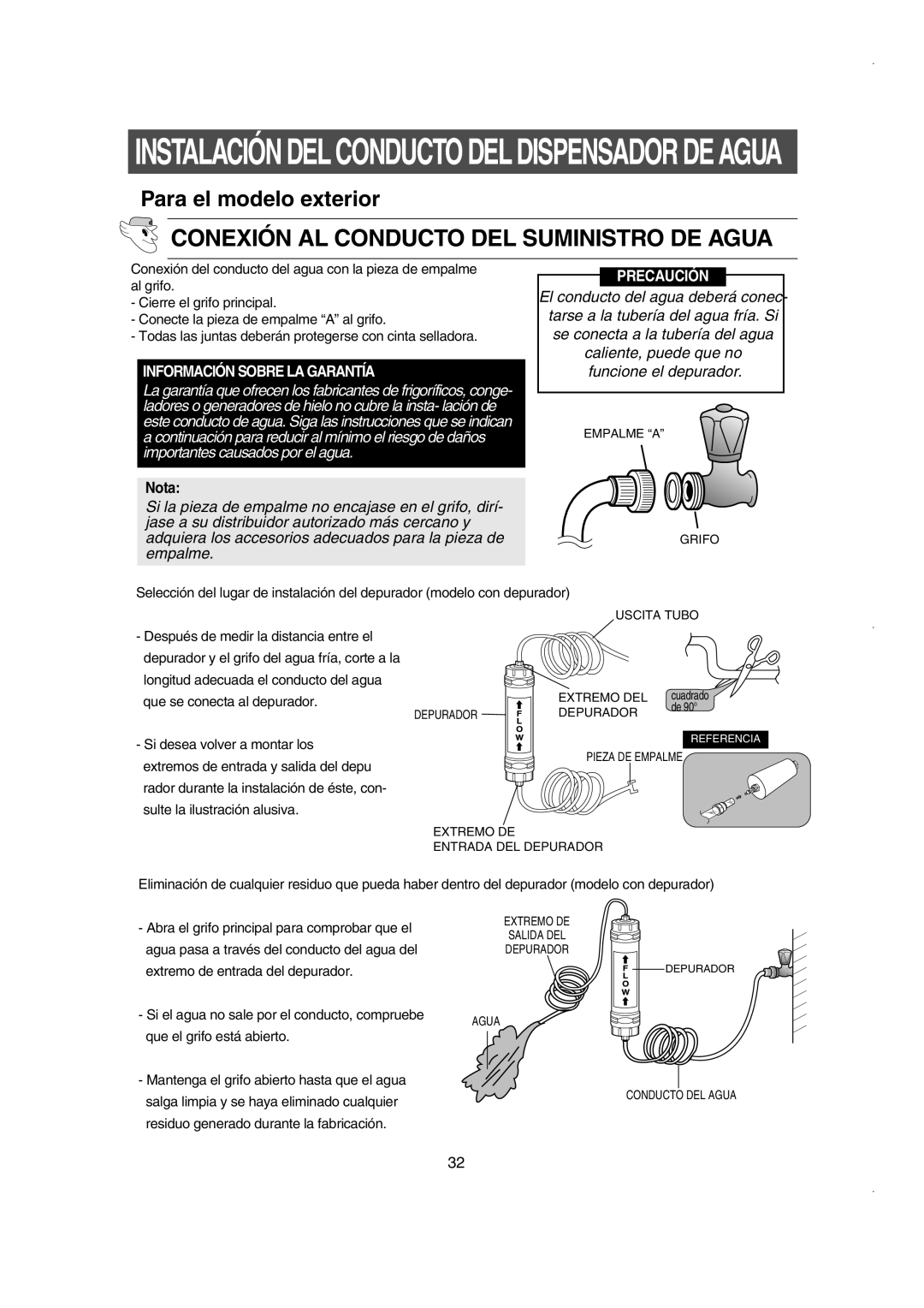 Samsung RS21FJSM1/XES, RS21NASW1/XES manual Conexión AL Conducto DEL Suministro DE Agua, Información Sobre LA Garantía 