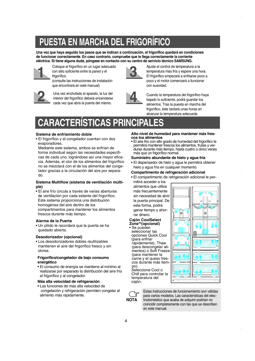 Samsung RS21NGRS1/XES, RS21FJSM1/XES, RS21NASW1/XES manual Puesta EN Marcha DEL Frigorífico, Características Principales 