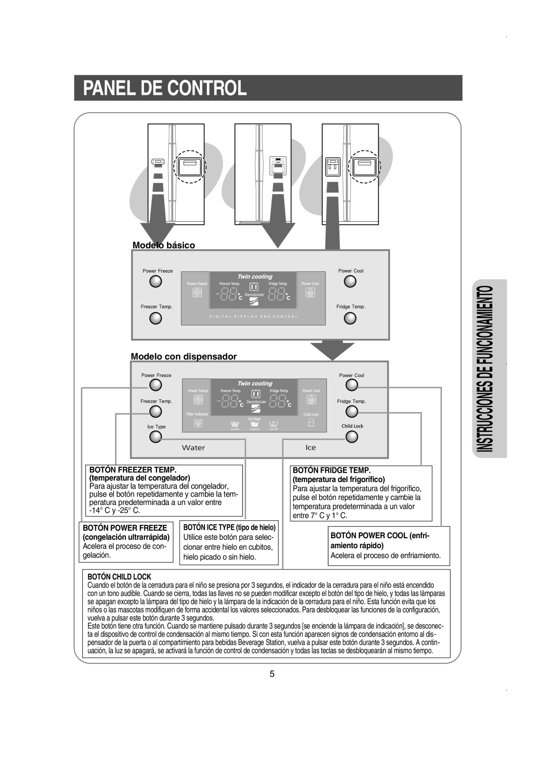 Samsung RS21DJSH1/XES manual Panel DE Control, Gelación Hielo picado o sin hielo, Botón Power Cool enfri- amiento rápido 