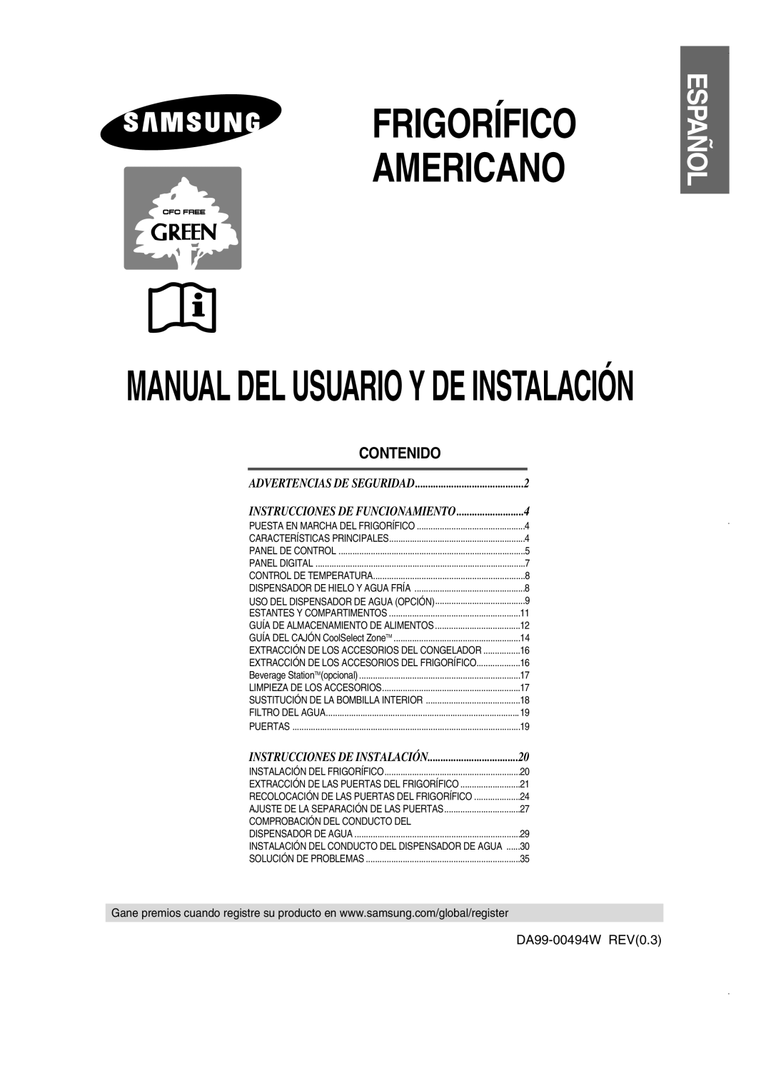 Samsung RS21NASW1/XES, RS21FJSM1/XES manual Contenido, Frigorífico Americano, Manual Del Usuario Y De Instalación, Español 