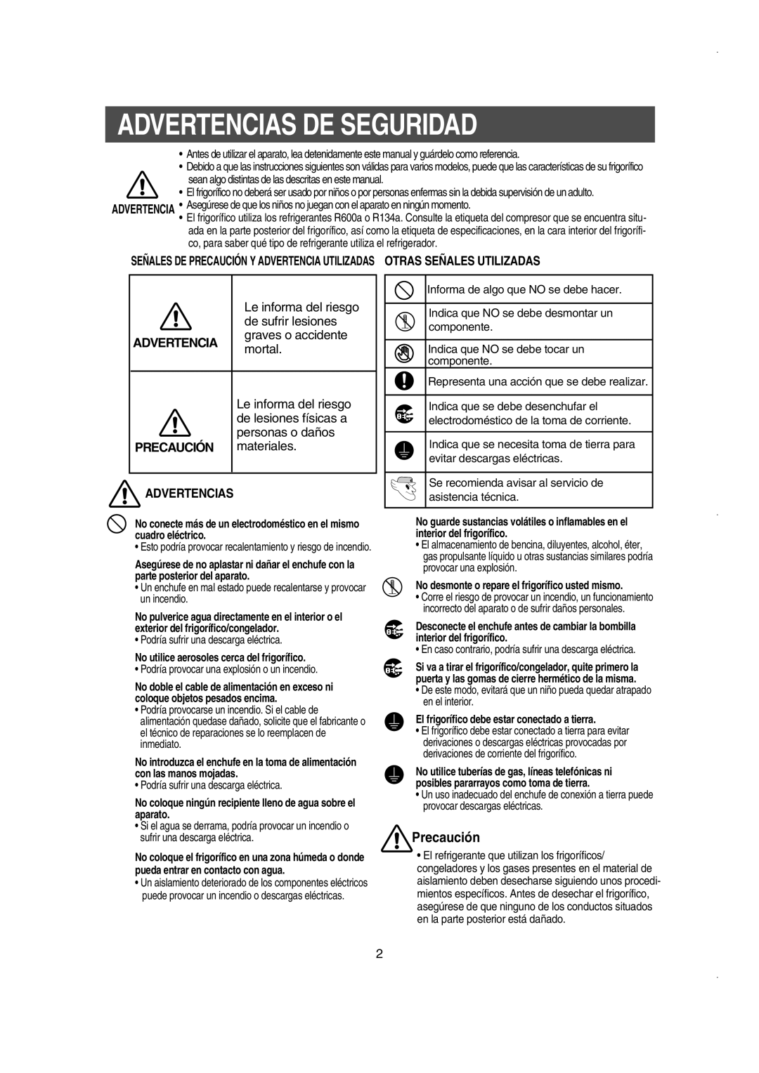 Samsung RS21WCSV1/XES, RS21FJSM1/XES, RS21NASW1/XES manual Advertencias De Seguridad, Precaución, PRECAUCIÓN materiales 