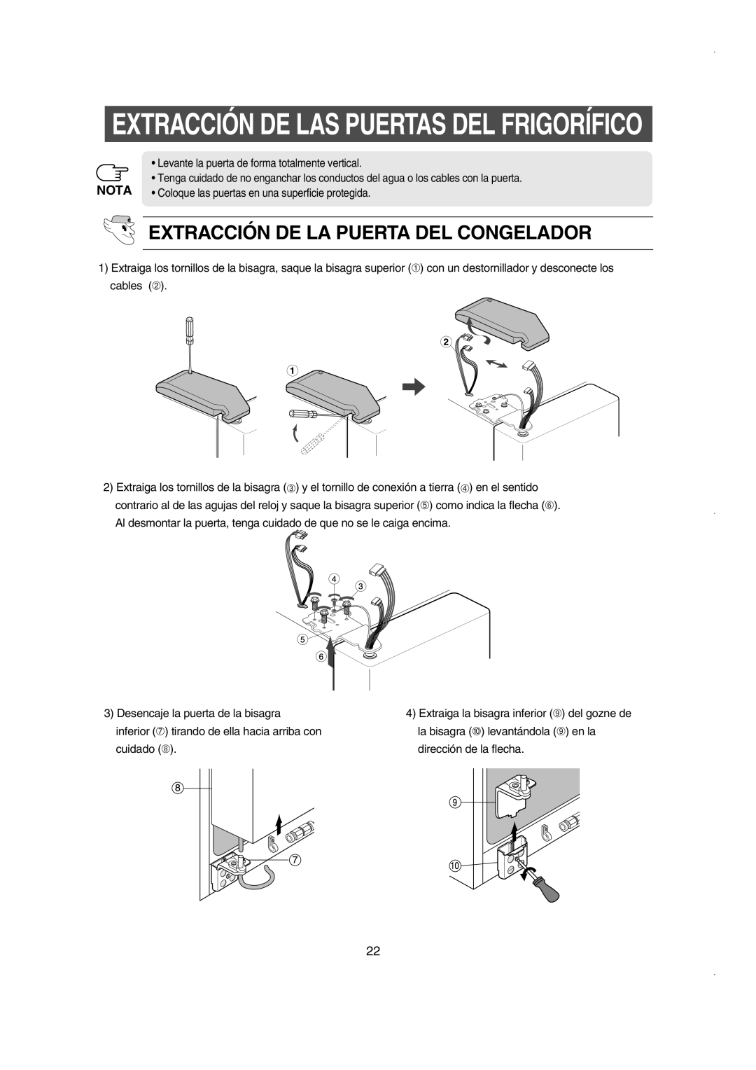 Samsung RS21DJSM1/XES manual Extracción De La Puerta Del Congelador, Extracción De Las Puertas Del Frigorífico, Nota 