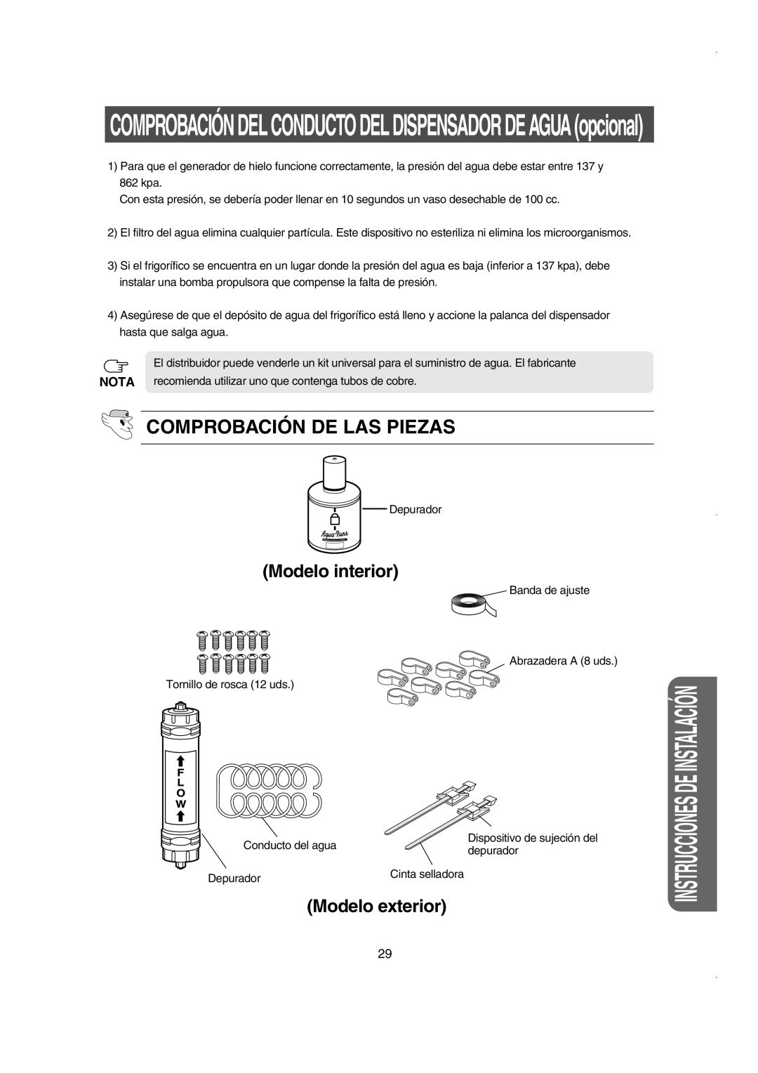 Samsung RS21NPSM1/XES manual Comprobación De Las Piezas, Modelo interior, Modelo exterior, Instrucciones De Instalación 