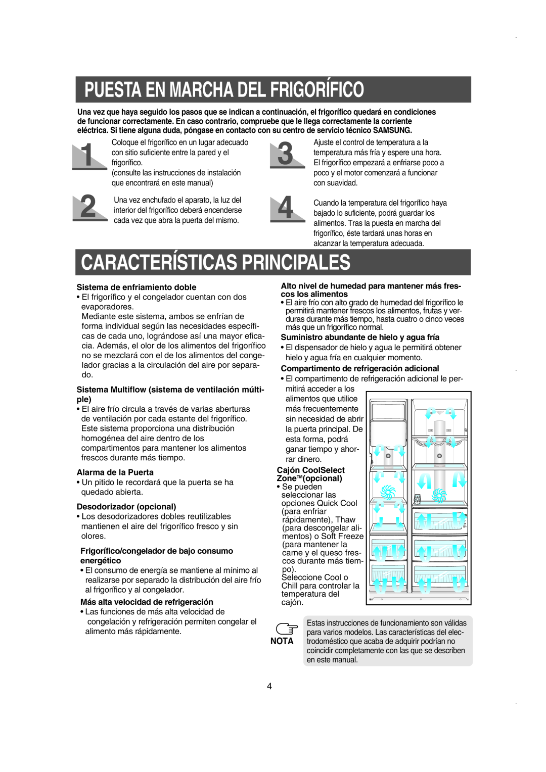 Samsung RS21NGRS1/XES manual Puesta En Marcha Del Frigorífico, Características Principales, Sistema de enfriamiento doble 