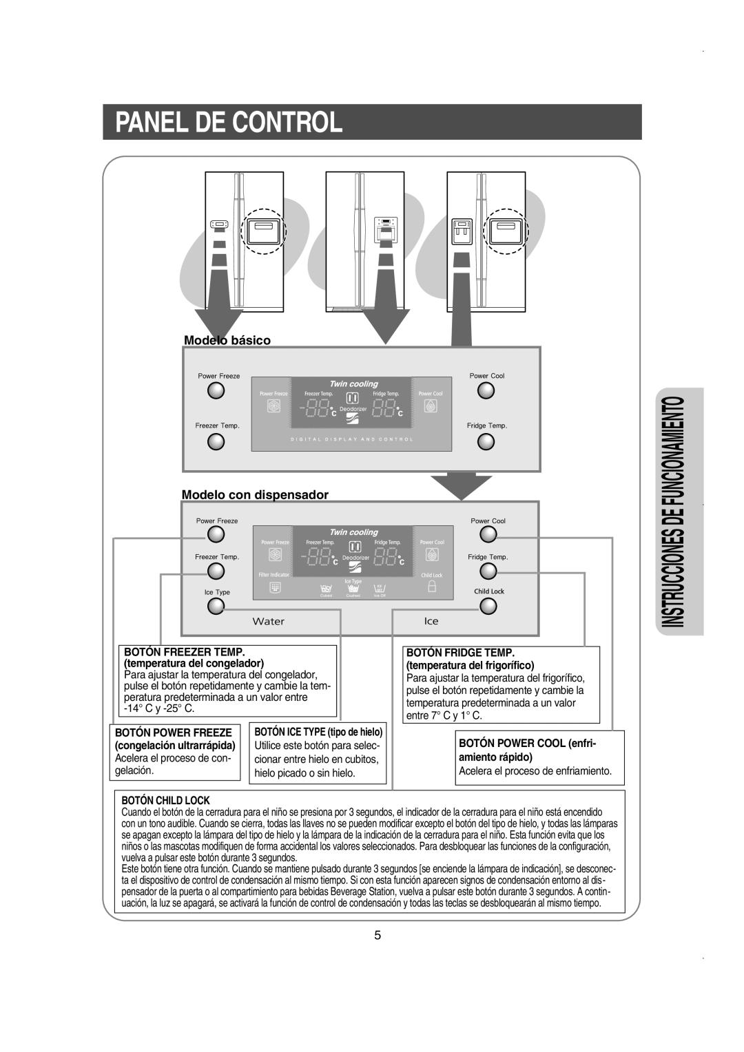 Samsung RS21DJSH1/XES manual Panel De Control, Modelo básico Modelo con dispensador, Instrucciones De Funcionamiento 
