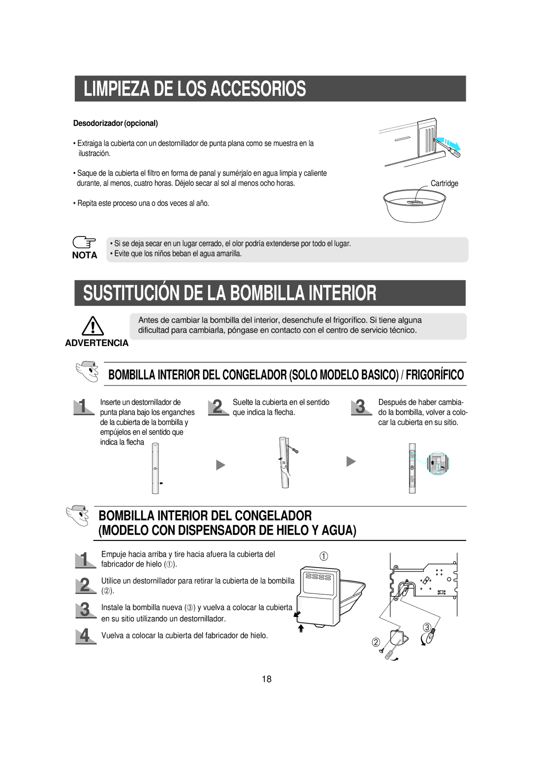 Samsung RS21FNSW1/XES manual Repita este proceso una o dos veces al año, Evite que los niños beban el agua amarilla 