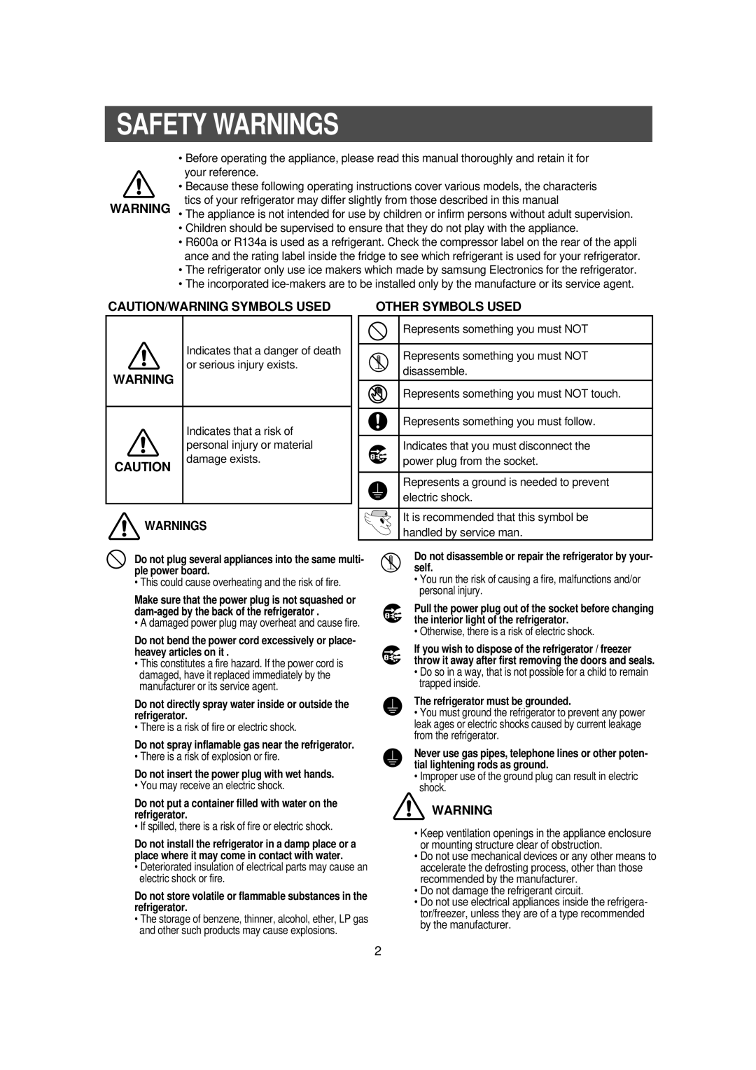 Samsung RS21NNSM1/XET, RS21FXNA1/XET, RS21DNSW1/XET, RS21DGRS1/XET, RS21FLSR1/XET, RS21DXNA1/XET, RS21DJPS1/XET Safety Warnings 