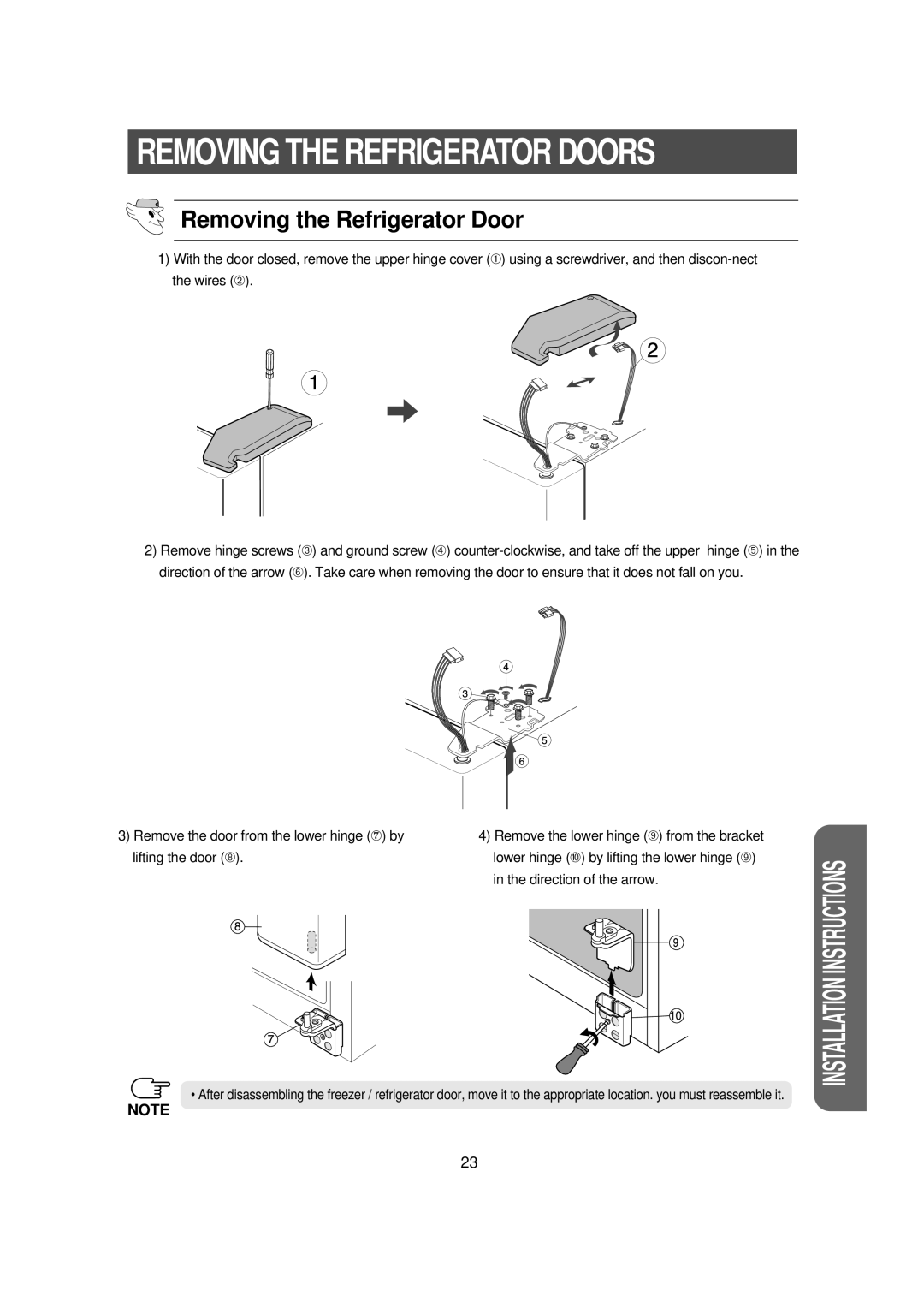 Samsung RS21FJPS1/XET, RS21FXNA1/XET, RS21DNSW1/XET, RS21NNSM1/XET, RS21DGRS1/XET manual Removing the Refrigerator Door 