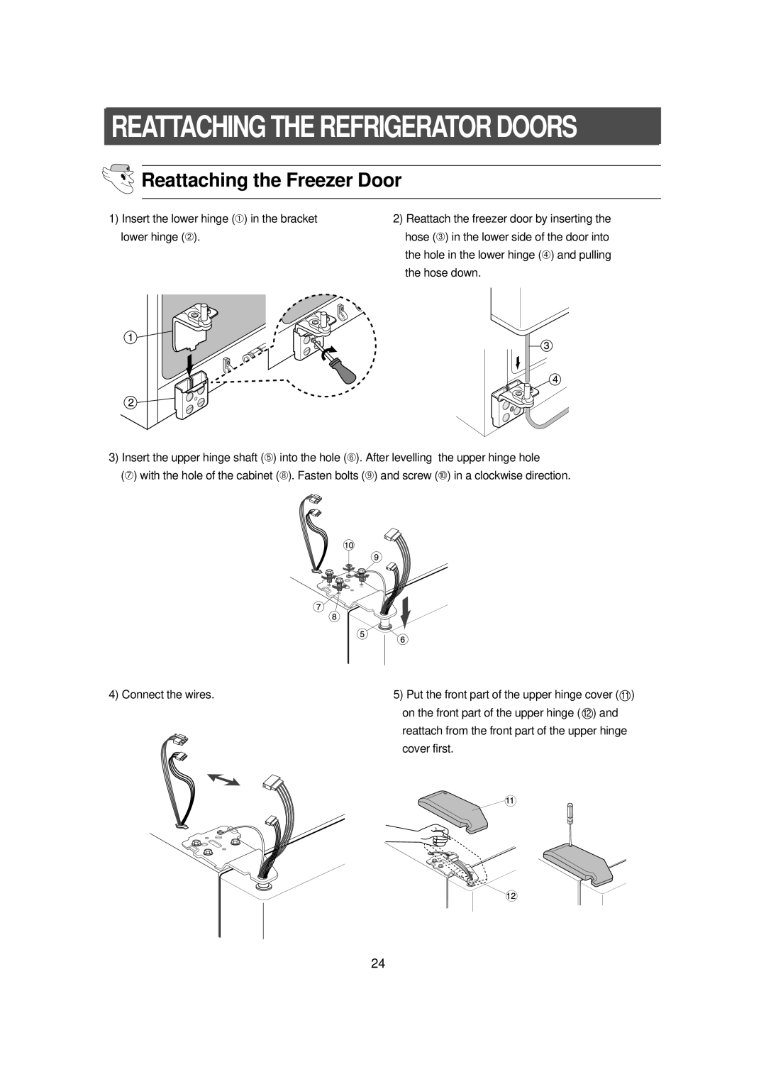 Samsung RS21FXNA1/XET, RS21DNSW1/XET Reattaching the Freezer Door, On the front part of the upper hinge 12, Cover first 