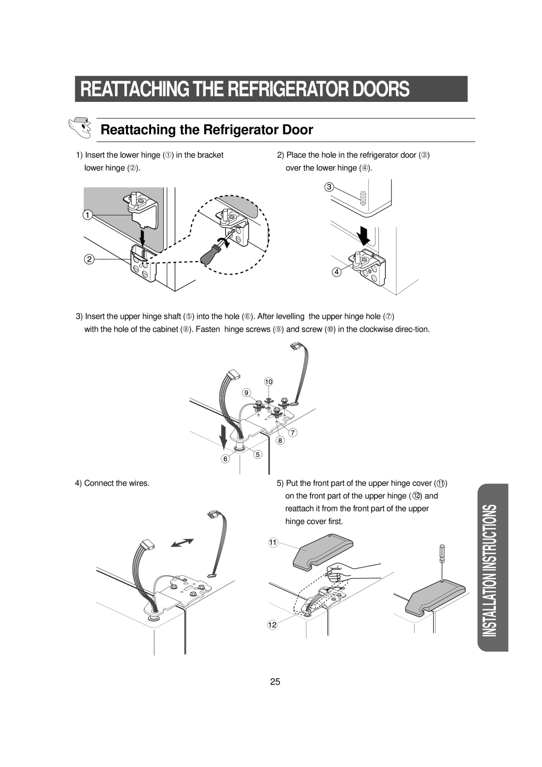 Samsung RS21DNSW1/XET Reattaching the Refrigerator Door, Reattach it from the front part of the upper, Hinge cover first 