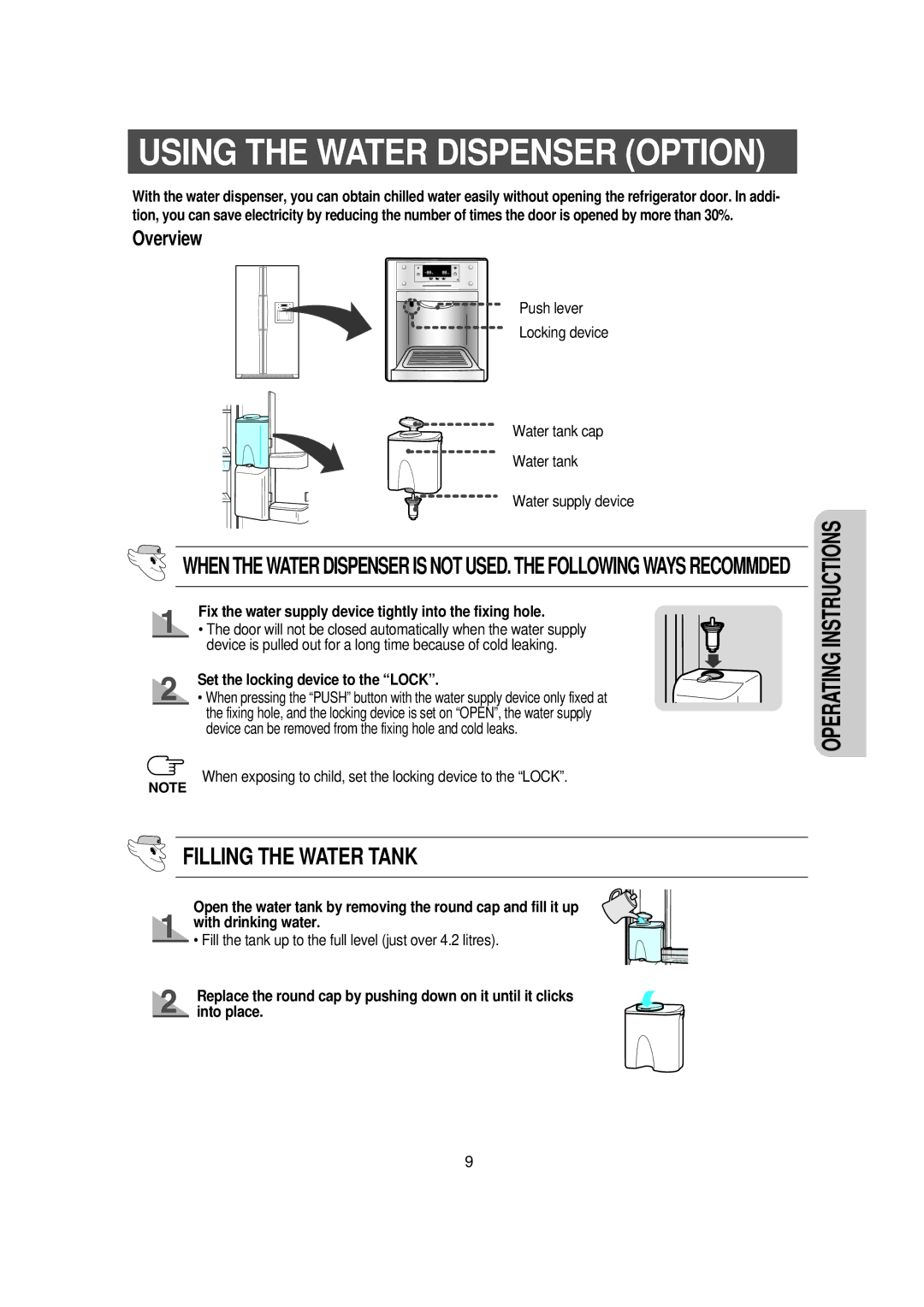 Samsung RS21DNSW1/XET manual Fix the water supply device tightly into the fixing hole, Set the locking device to the Lock 