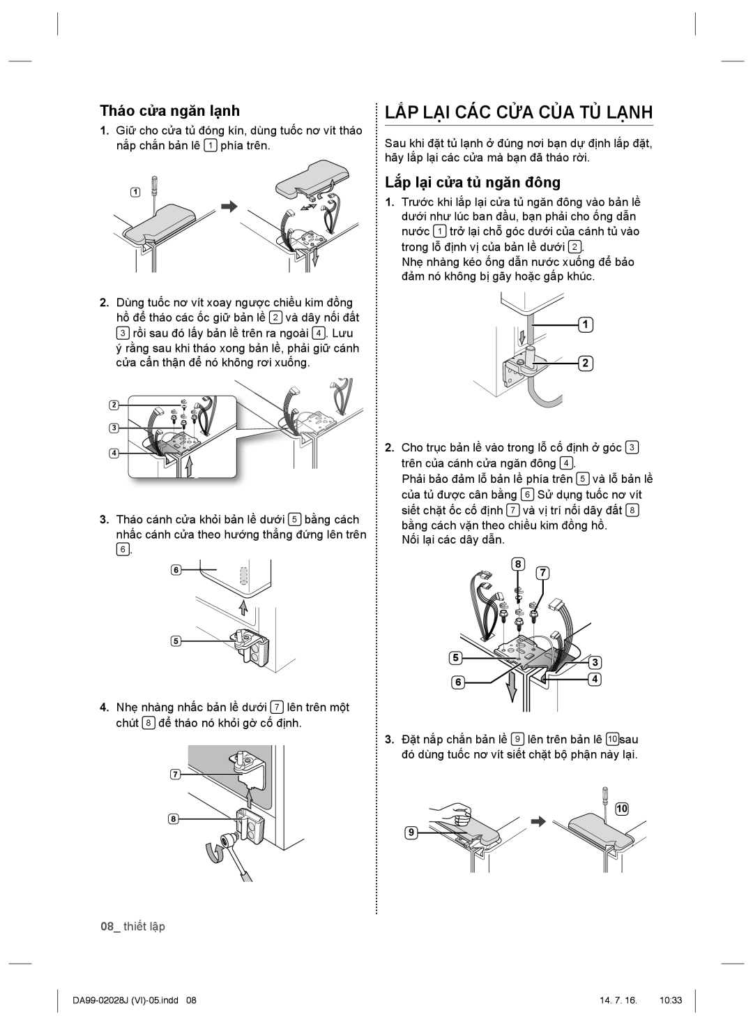 Samsung RS21HKLMR1/XSV manual LẮP LẠI CÁC CỬA CỦA TỦ Lạnh, Tháo cửa ngăn lạnh, Lắp lại cửa tủ ngăn đông, 08 thiết lập 