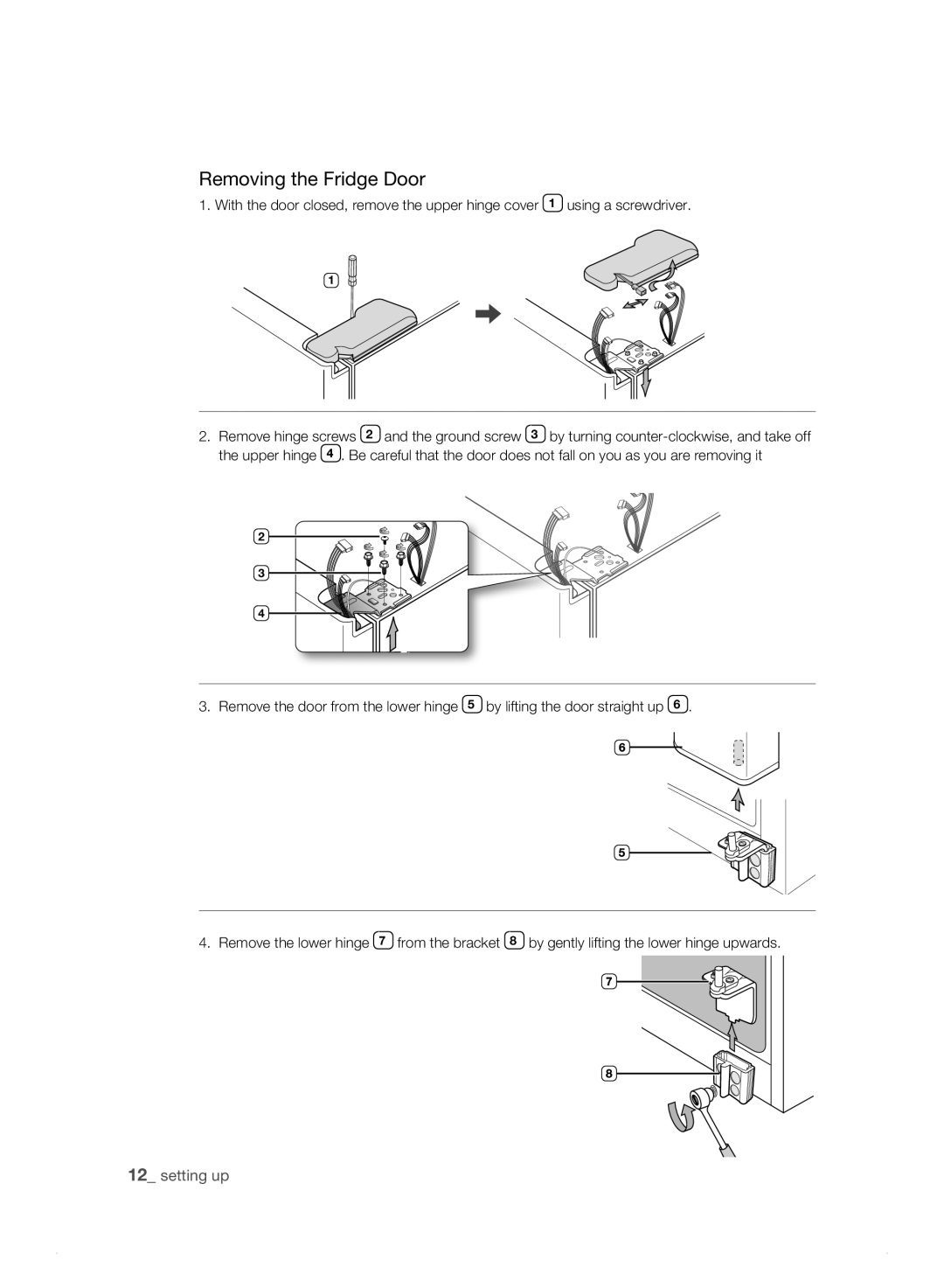 Samsung RS21HN, RS23HN, RS23HB, RS23HF, RS21HK, RS21HJ, RS23HK, RS23HJ, RS23HD, RS21HF, RS21HB, RS21HD Removing the Fridge Door 