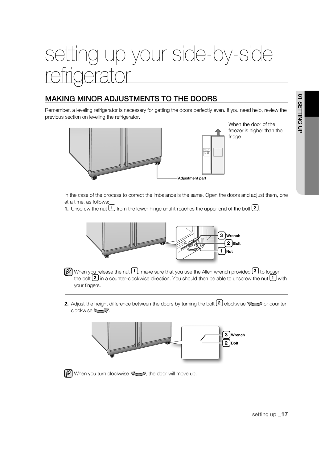 Samsung RS21HJ, RS21HN, RS23HN, RS23HB, RS23HF, RS21HK MaKing Minor aDJustMEnts to tHE Doors, To loosen, Bolt, Clockwise 