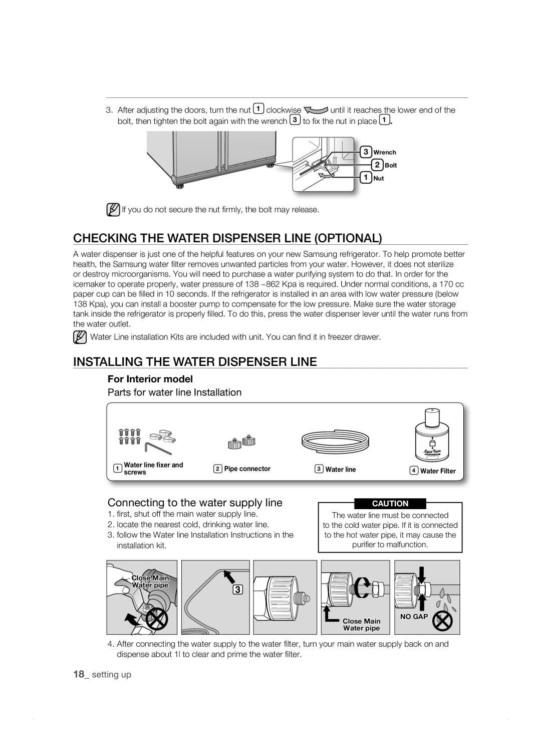 Samsung RS23HK CHECKing tHE watEr DisPEnsEr LinE oPtionaL, InstaLLing tHE watEr DisPEnsEr LinE, To fix the nut in place 