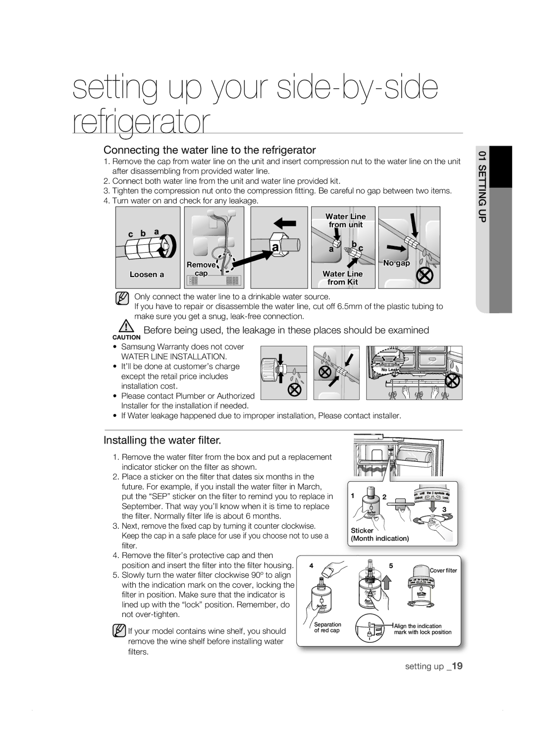 Samsung RS23HJ Connecting the water line to the refrigerator, Installing the water filter, Samsung Warranty does not cover 