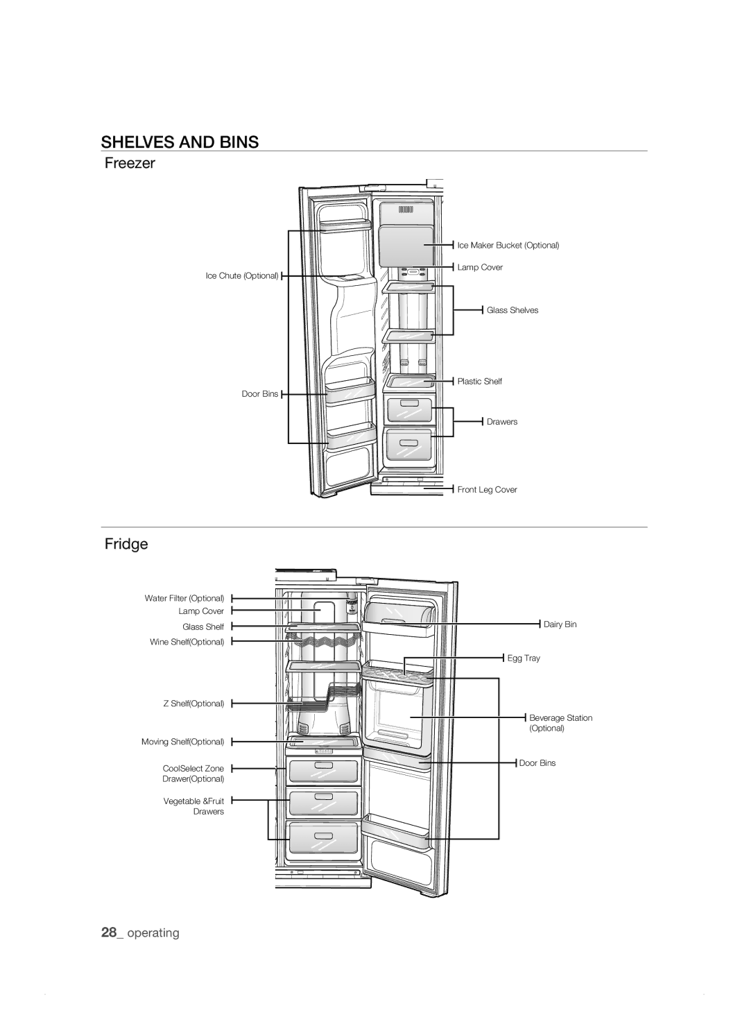 Samsung RS21HK, RS21HN, RS23HN, RS23HB, RS23HF, RS21HJ, RS23HK, RS23HJ, RS23HD, RS21HF, RS21HB SHELVEs anD Bins, Freezer, Fridge 