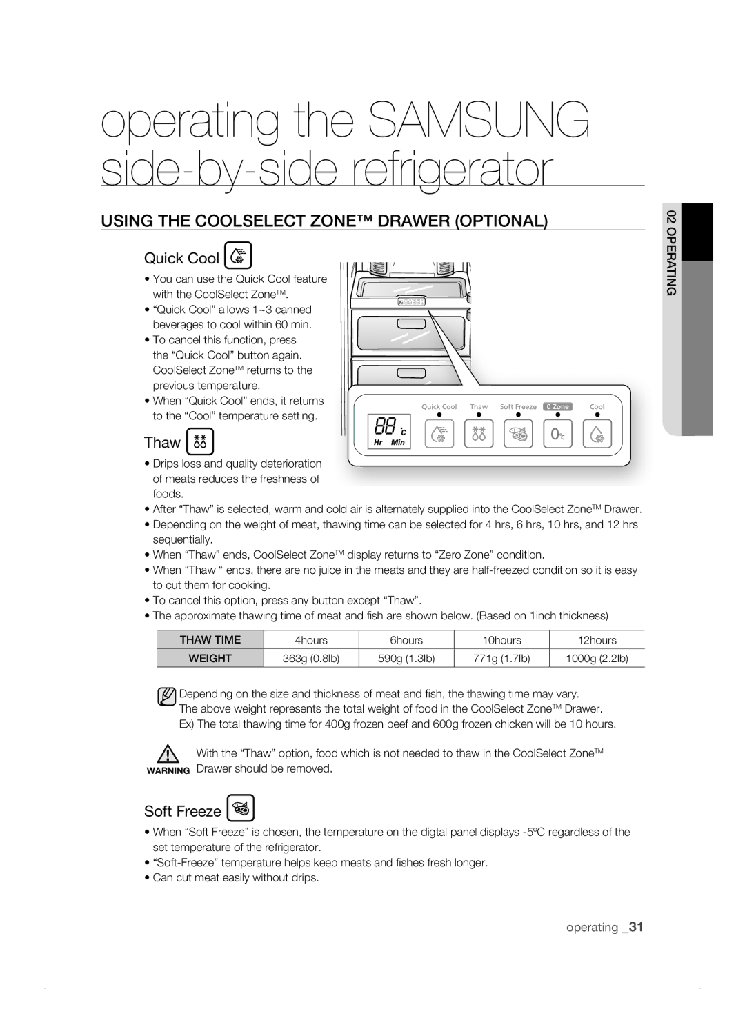 Samsung RS23HJ Using tHE CooLsELECt ZonE DrawEr oPtionaL, Quick Cool, Thaw, Soft Freeze, 4hours 6hours 10hours 12hours 