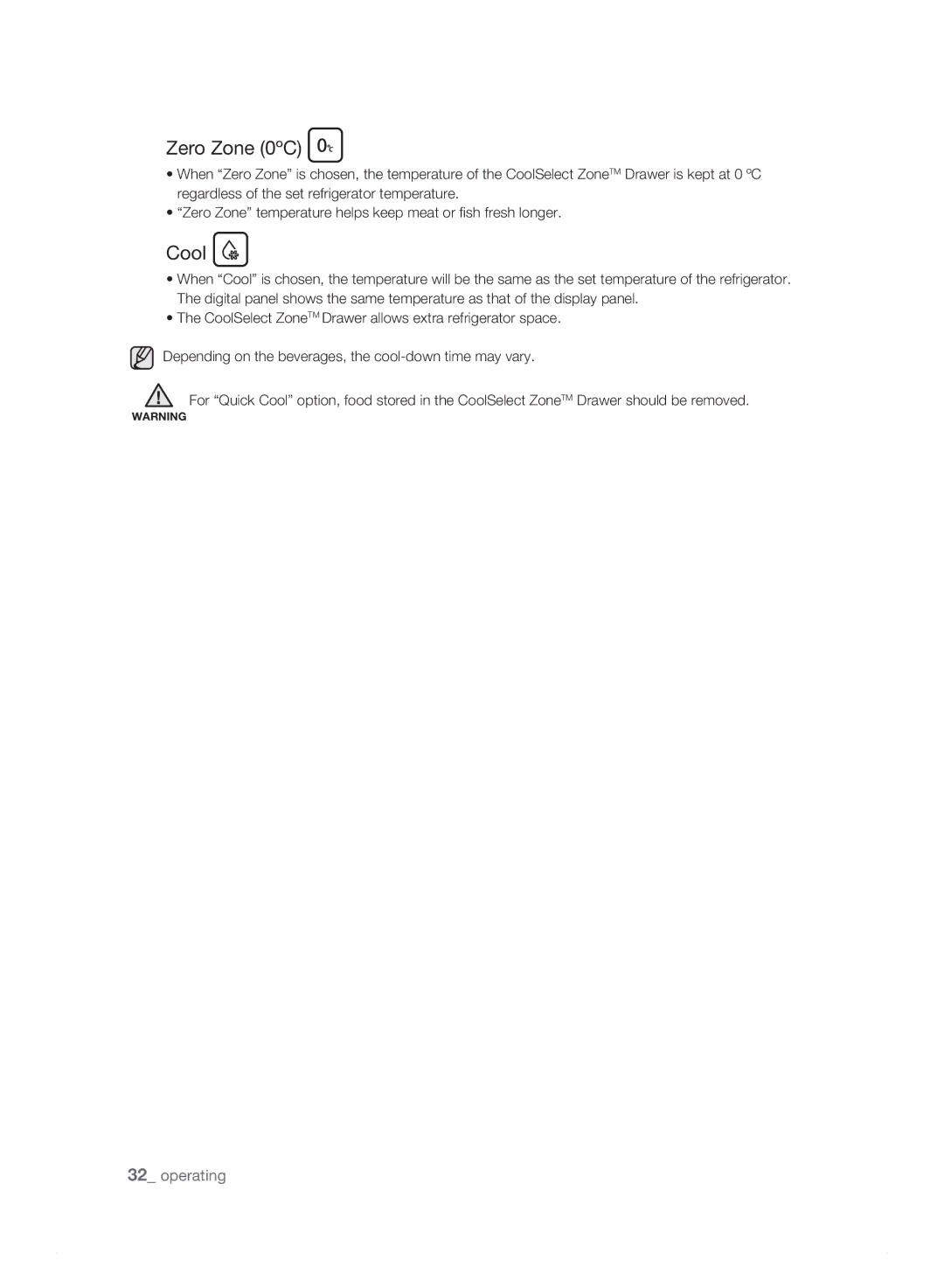 Samsung RS23HD, RS21HN, RS23HN, RS23HB, RS23HF, RS21HK, RS21HJ, RS23HK, RS23HJ, RS21HF, RS21HB, RS21HD user manual Zero Zone 0ºC, Cool 