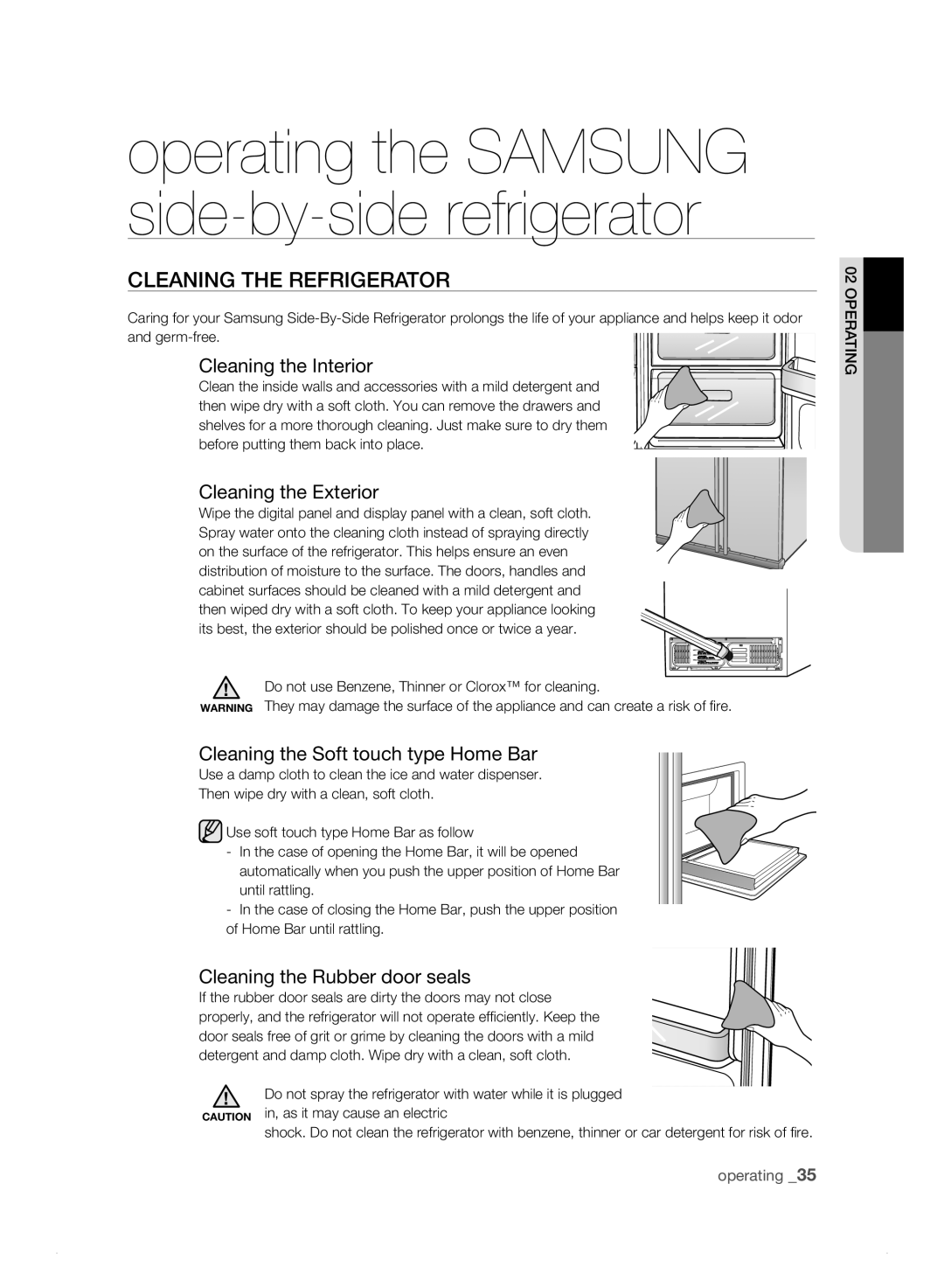 Samsung RS21HD CLEaning tHE rEfrigErator, Cleaning the Interior, Cleaning the Exterior, Cleaning the Rubber door seals 