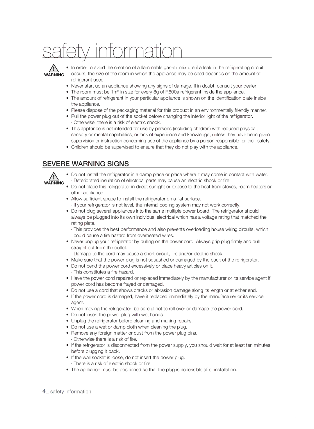 Samsung RS21HK, RS21HN, RS23HN, RS23HB, RS23HF, RS21HJ, RS23HK, RS23HJ, RS23HD, RS21HF, RS21HB, RS21HD SEVErE warning signs 