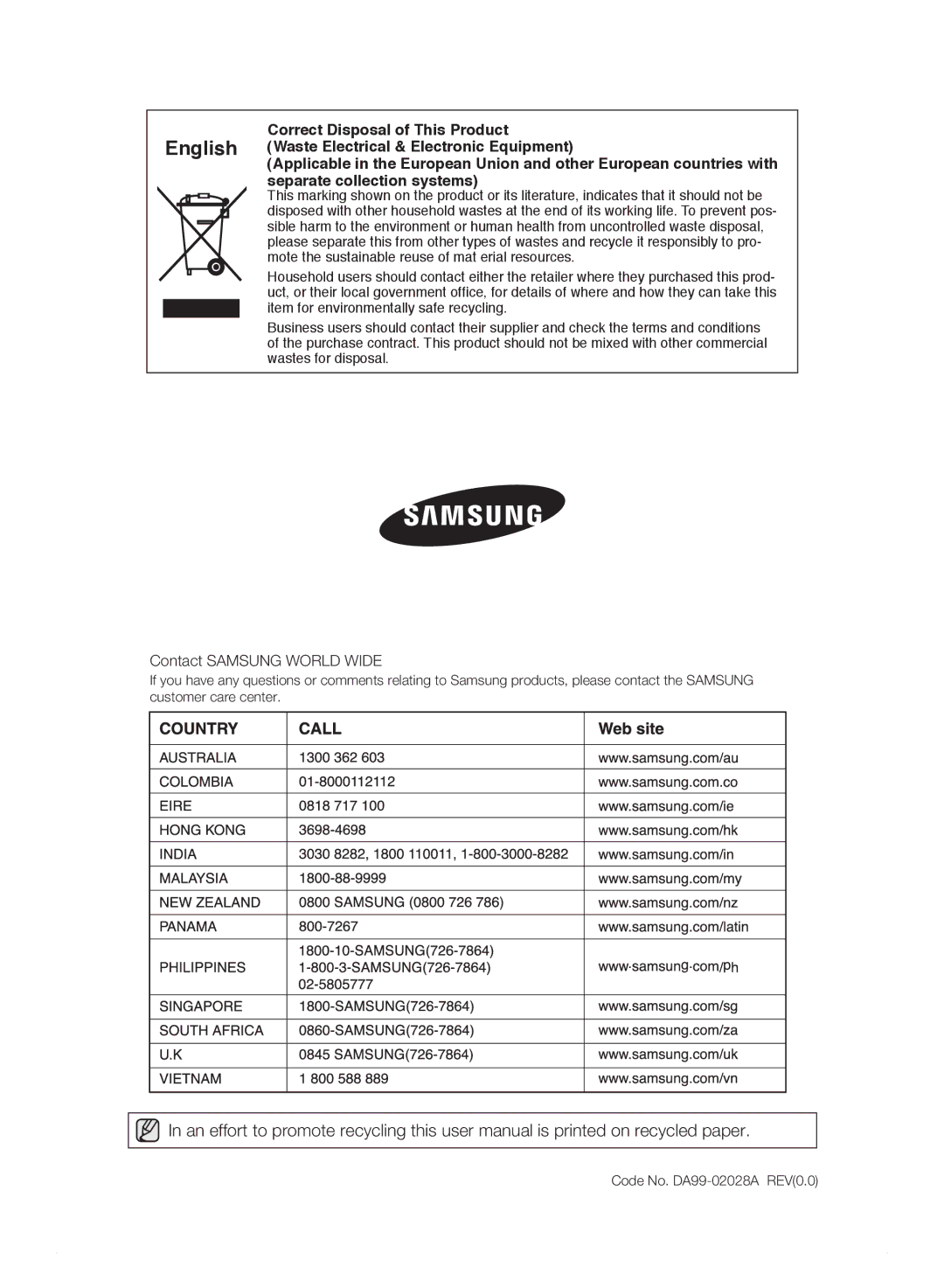 Samsung RS23HD, RS21HN, RS23HN, RS23HB, RS23HF, RS21HK, RS21HJ, RS23HK, RS23HJ, RS21HF, RS21HB, RS21HD Contact Samsung World Wide 