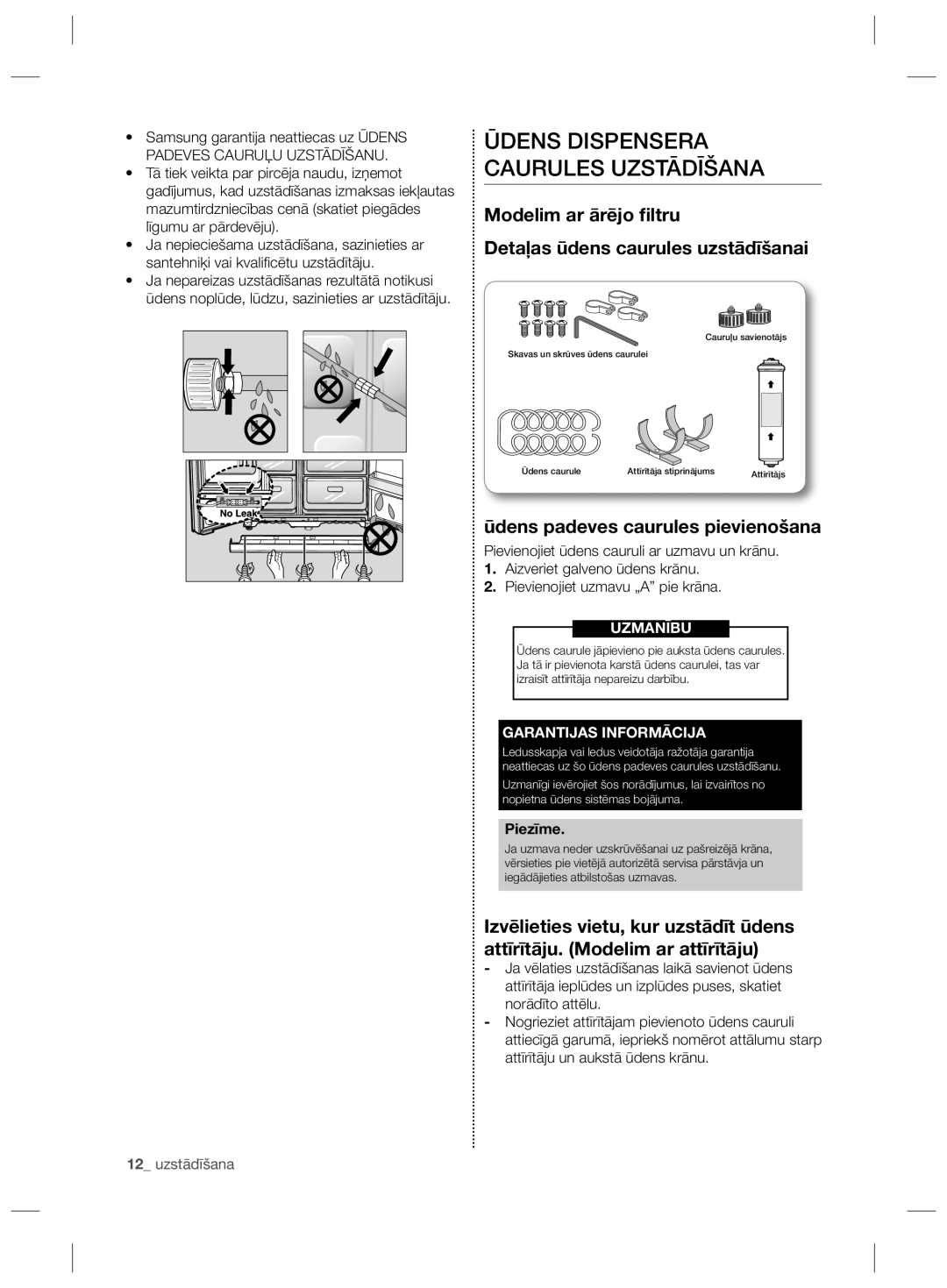 Samsung RS21HNLBG1/BWT manual Modelim ar ārējo ﬁltru Detaļas ūdens caurules uzstādīšanai, Garantijas Informācija, Piezīme 