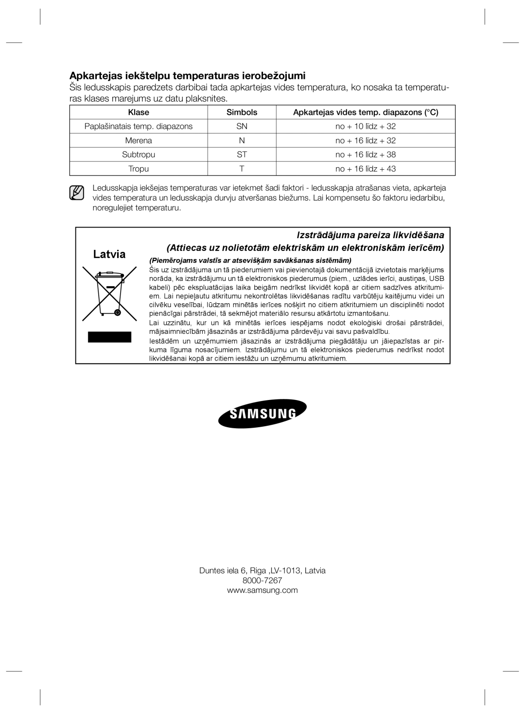 Samsung RS21HKLFB1/BWT Apkartejas iekštelpu temperaturas ierobežojumi, Klase Simbols Apkartejas vides temp. diapazons C 