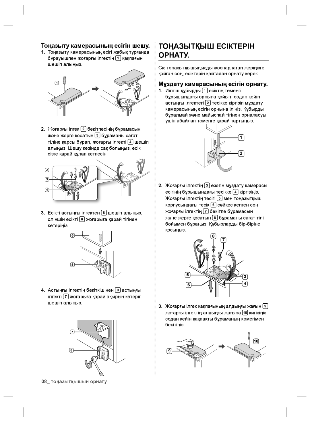 Samsung RS21HNLBG1/BWT, RS21HNTRS1/BWT, RS21HDLMR1/BWT Тоңазыту камерасының есігін шешу, Мұздату камерасының есігін орнату 