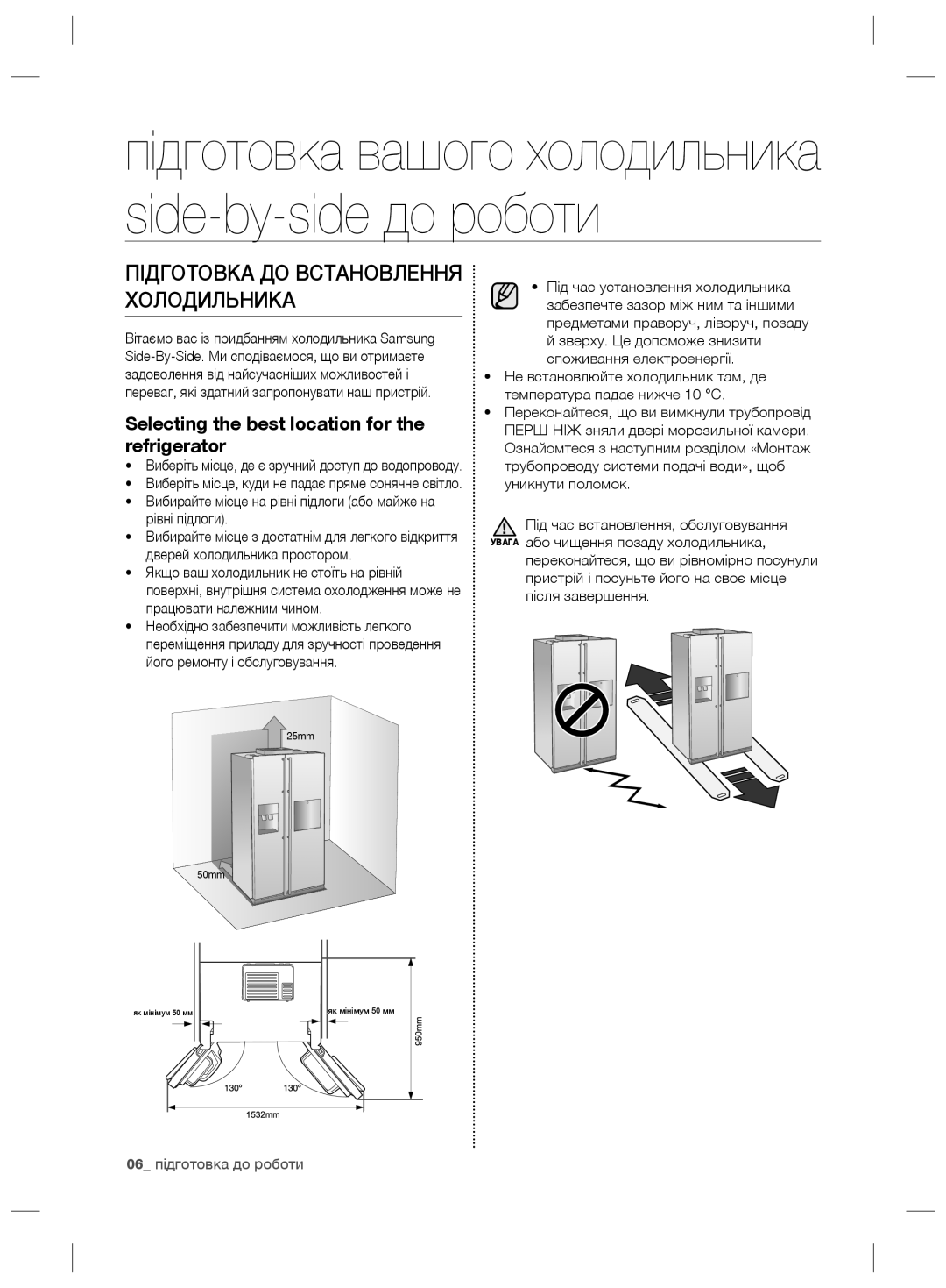 Samsung RS21HNLBG1/BWT manual Підготовка ДО Встановлення Холодильника, Selecting the best location for the refrigerator 