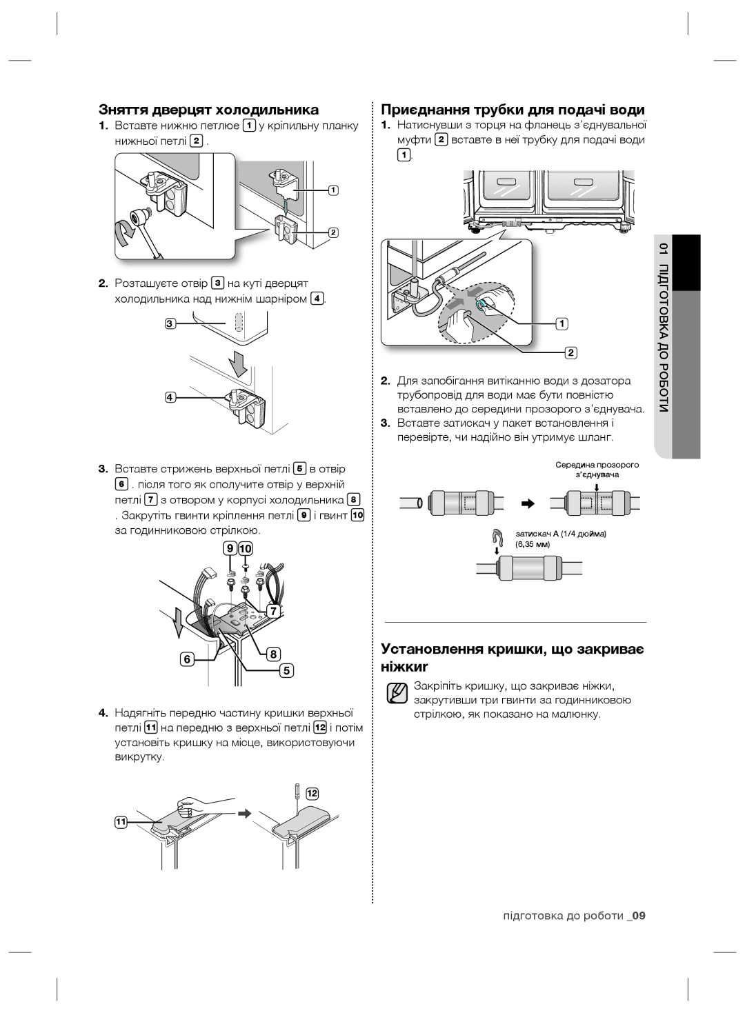 Samsung RS21HNLMR1/BWT, RS21HNLBG1/BWT, RS21HNTRS1/BWT manual Зняття дверцят холодильника, Приєднання трубки для подачі води 