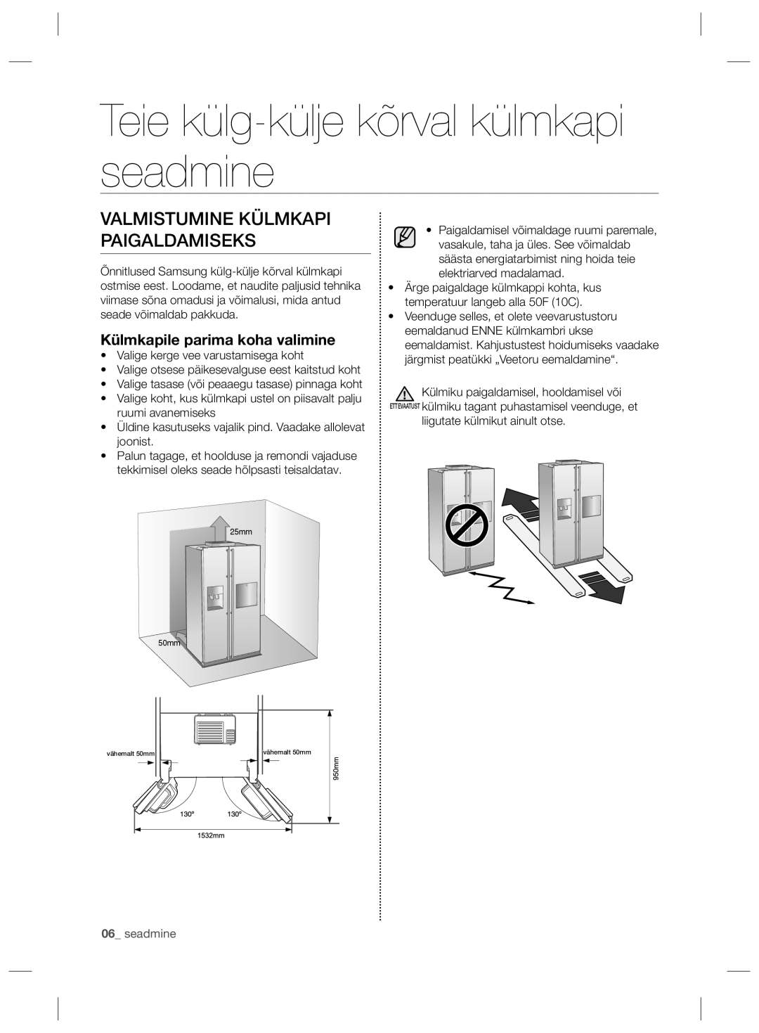 Samsung RS21HKLFB1/BWT manual Teie külg-külje kõrval külmkapi seadmine, Valmistumine Külmkapi Paigaldamiseks, Seadmine 