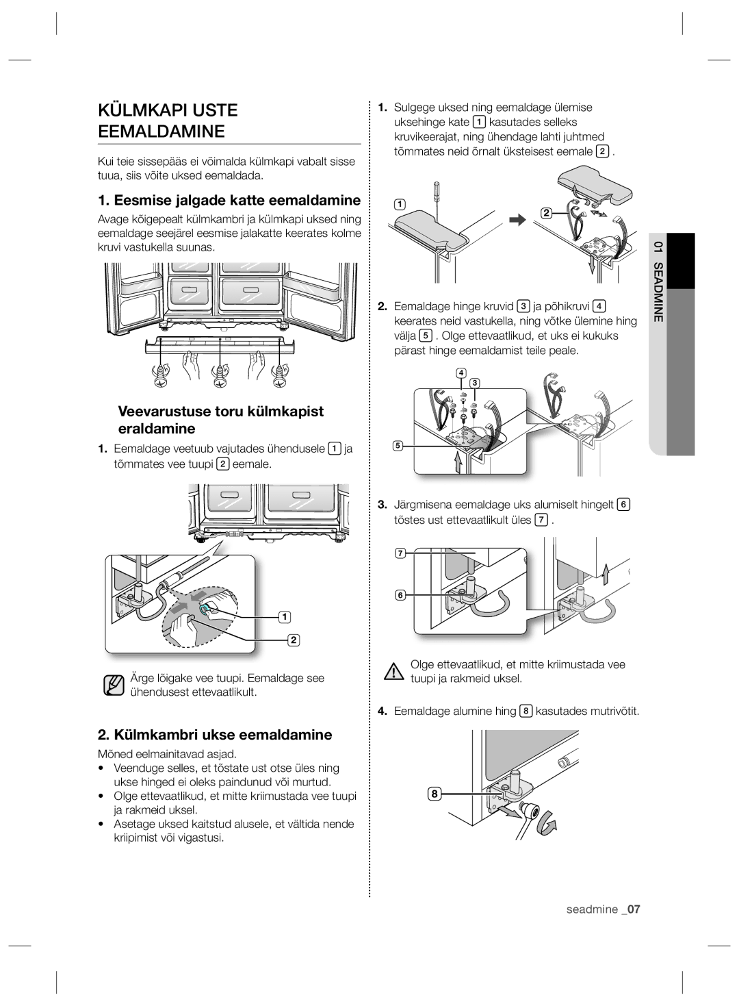 Samsung RS21HKLMR1/BWT manual Külmkapi Uste Eemaldamine, Eesmise jalgade katte eemaldamine, Külmkambri ukse eemaldamine 