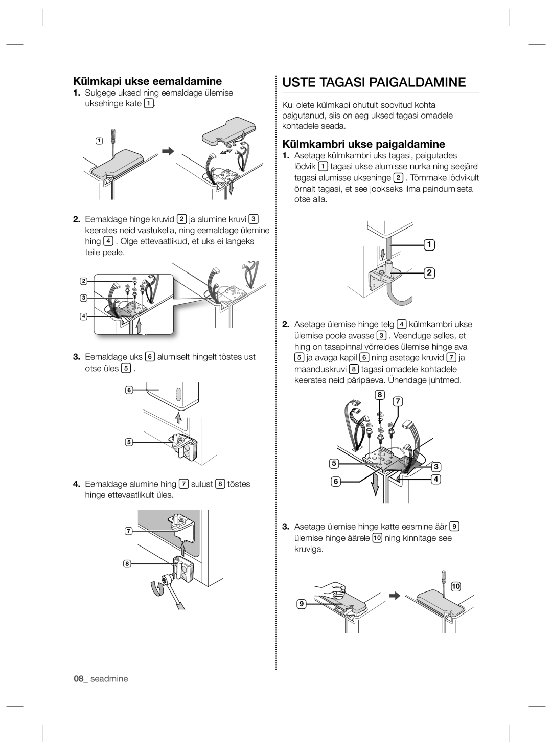 Samsung RS21HNLBG1/BWT, RS21HNTRS1/BWT, RS21HDLMR1/BWT manual Külmkapi ukse eemaldamine, Külmkambri ukse paigaldamine 