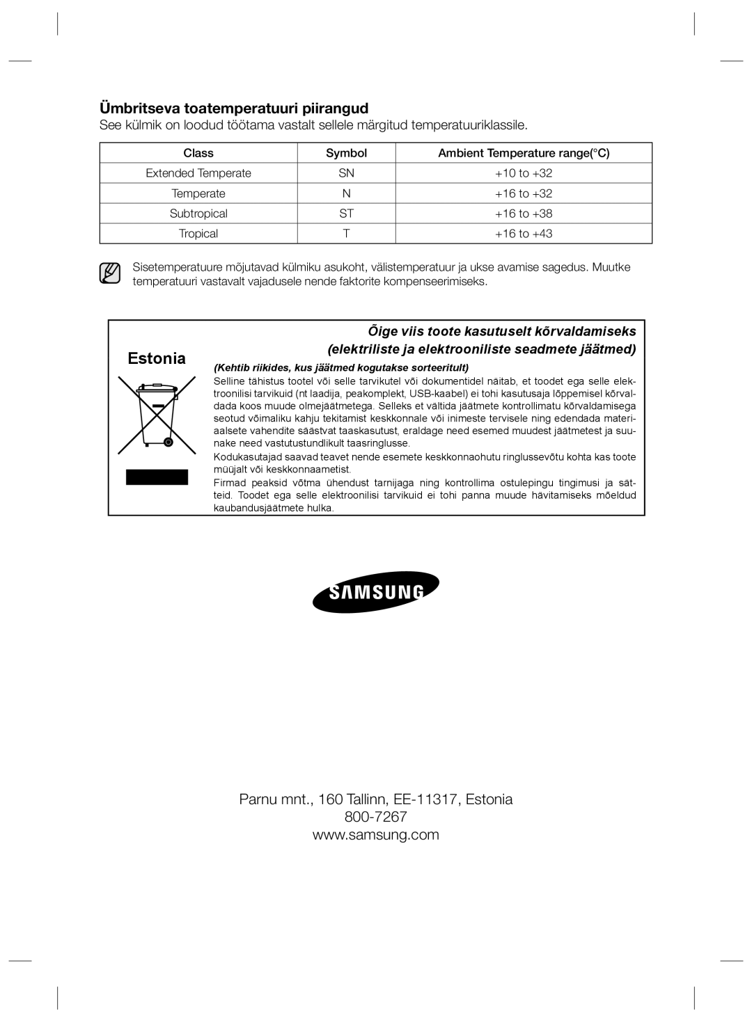 Samsung RS21HDLMR1/BWT, RS21HNLBG1/BWT manual Ümbritseva toatemperatuuri piirangud, Class Symbol Ambient Temperature rangeC 