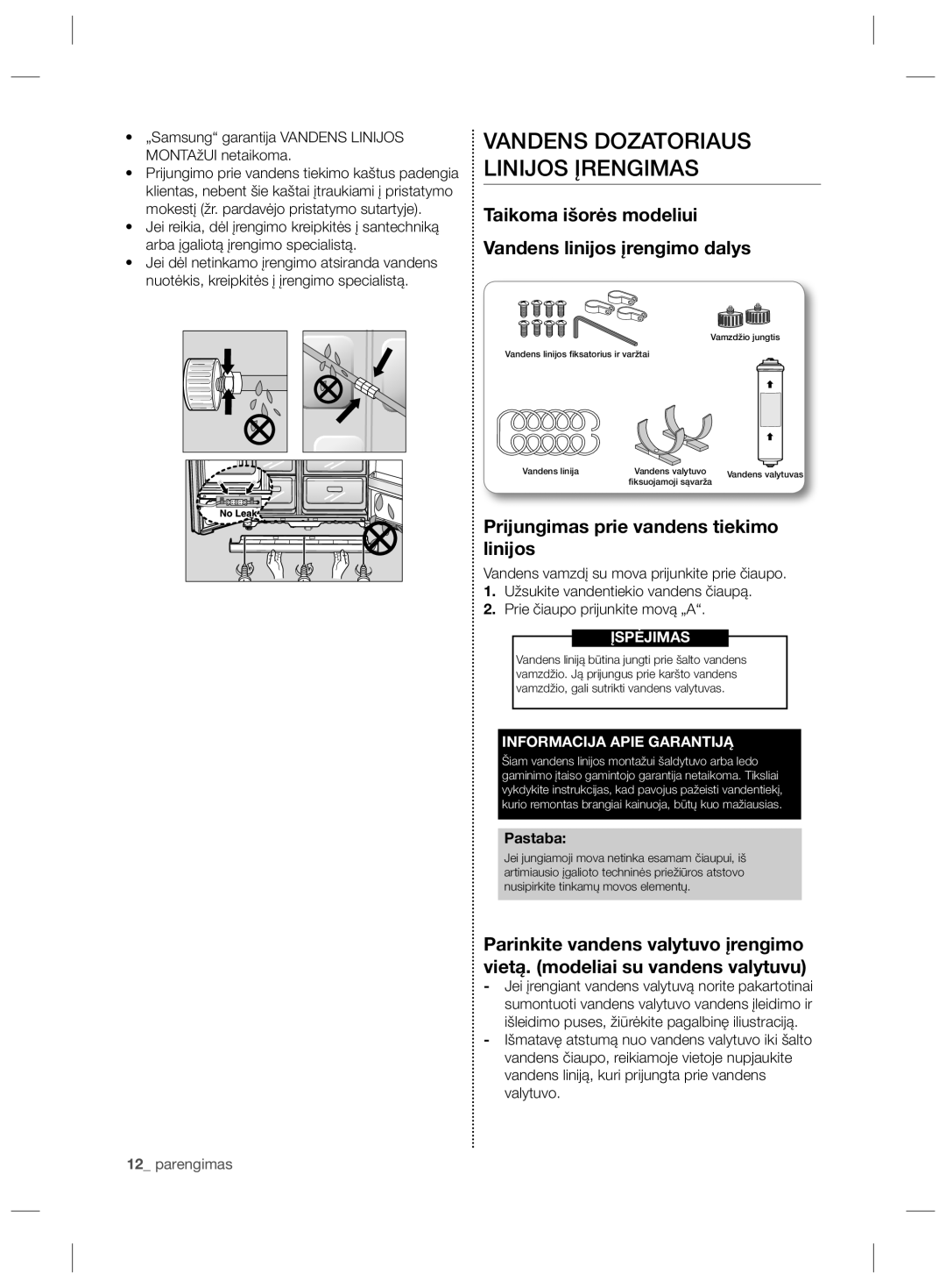 Samsung RS21HDLMR1/BWT manual Taikoma išorės modeliui Vandens linijos įrengimo dalys, Informacija Apie Garantiją, Pastaba 