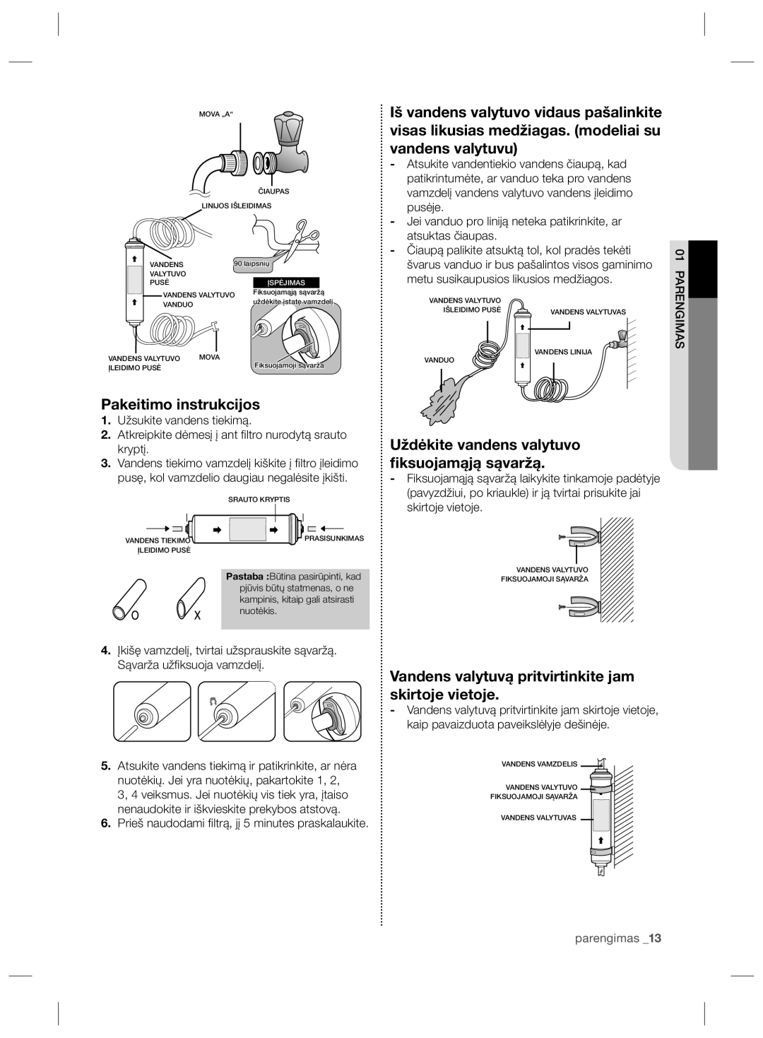 Samsung RS21HNLMR1/BWT, RS21HNLBG1/BWT manual Pakeitimo instrukcijos, Uždėkite vandens valytuvo ﬁksuojamąją sąvaržą 