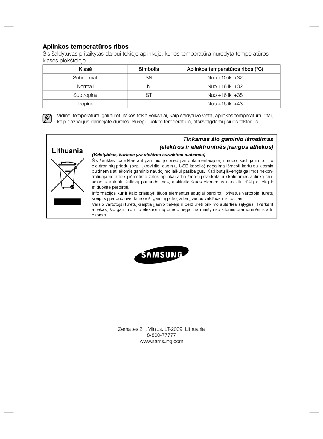 Samsung RS21HNLBG1/BWT, RS21HNTRS1/BWT, RS21HDLMR1/BWT, RS21HNLMR1/BWT manual Klasė Simbolis Aplinkos temperatūros ribos C 