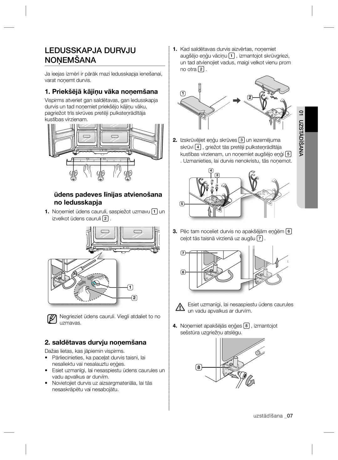 Samsung RS21HNTRS1/BWT manual Ledusskapja Durvju Noņemšana, Priekšējā kājiņu vāka noņemšana, Saldētavas durvju noņemšana 