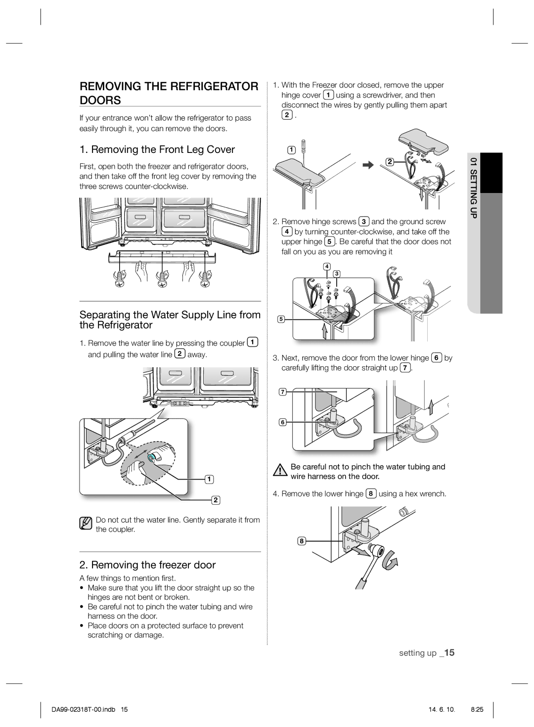 Samsung RS21HPLMR1/ZA manual Removing the Refrigerator Doors, Removing the Front Leg Cover, Removing the freezer door 