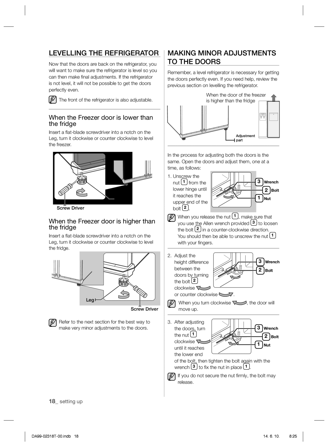 Samsung RS21HPLMR1/ZA manual Levelling the Refrigerator, Making Minor Adjustments to the Doors 