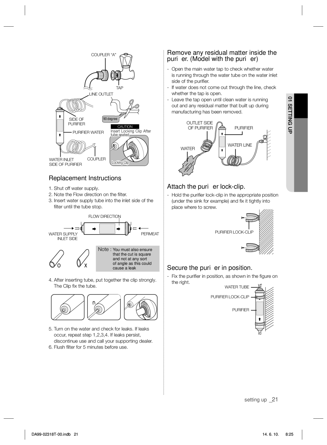 Samsung RS21HPLMR1/ZA manual Replacement Instructions, Attach the puriﬁer lock-clip, Secure the puriﬁer in position 