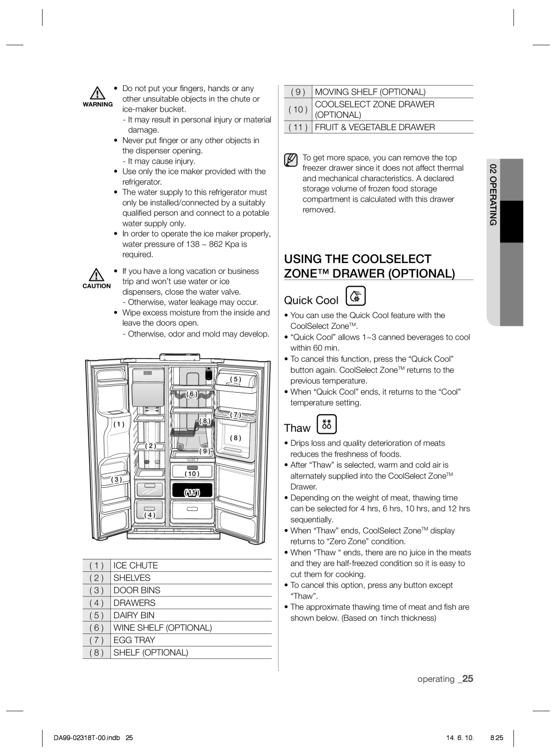 Samsung RS21HPLMR1/ZA manual Using the Coolselect Zone Drawer Optional, Quick Cool, Thaw 