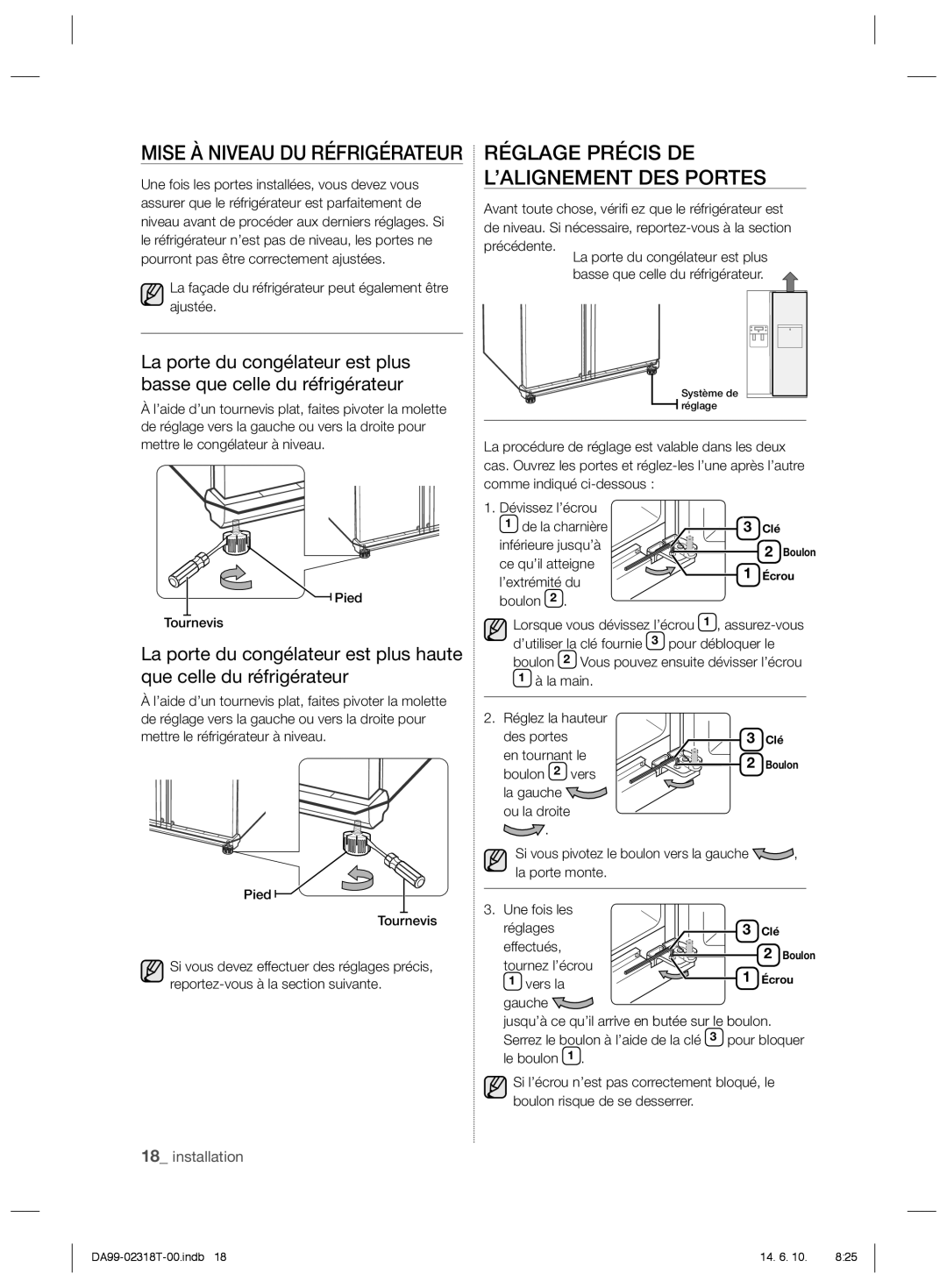 Samsung RS21HPLMR1/ZA manual Réglage Précis DE L’ALIGNEMENT DES Portes 